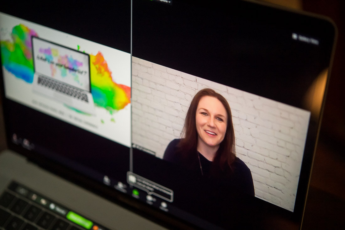 DeMato Virtual Photography Speaker Emcee Jill Schiefelbein presenting with slide