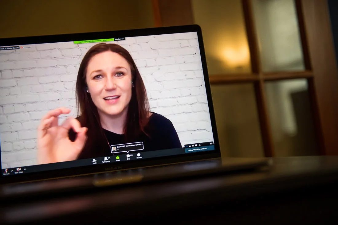 DeMato Virtual Photography Speaker Emcee Jill Schiefelbein explaining a concept on screen