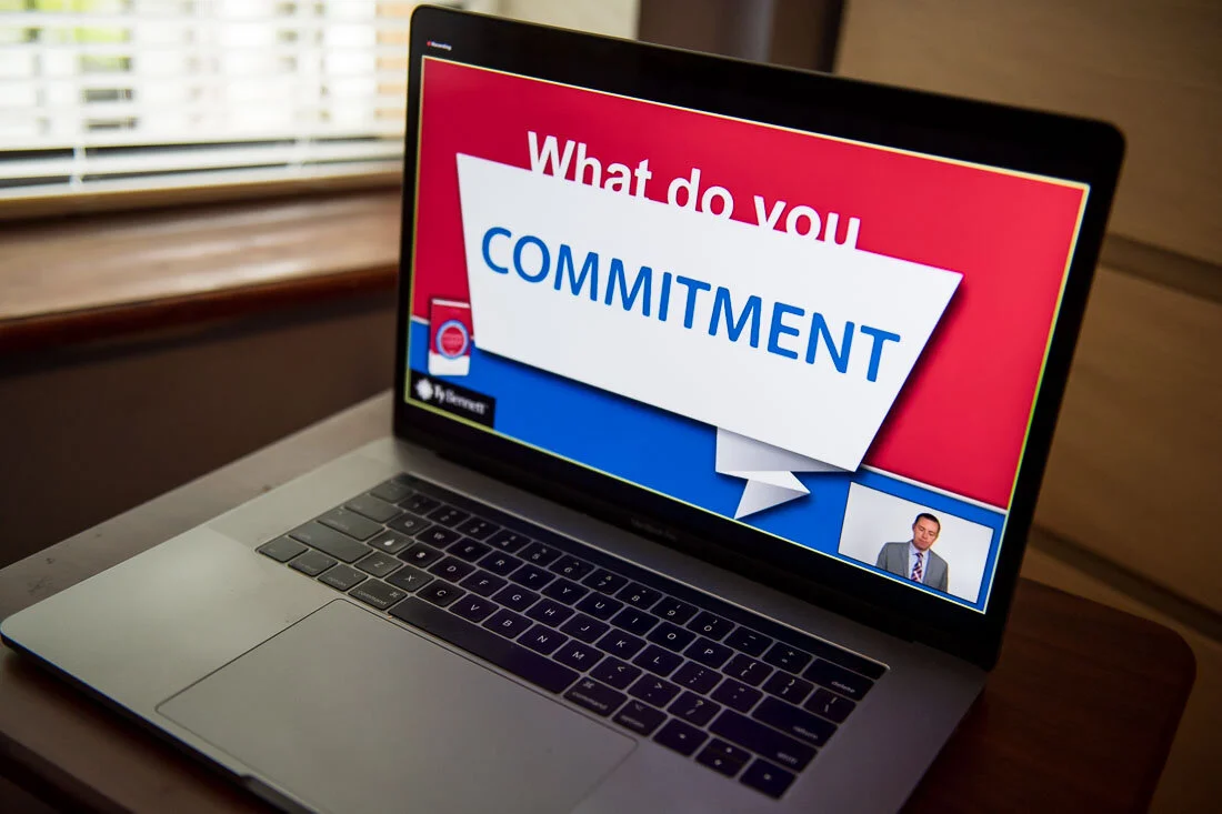 DeMato Virtual Photos Speaker Ty Bennett sharing a slide about commitment