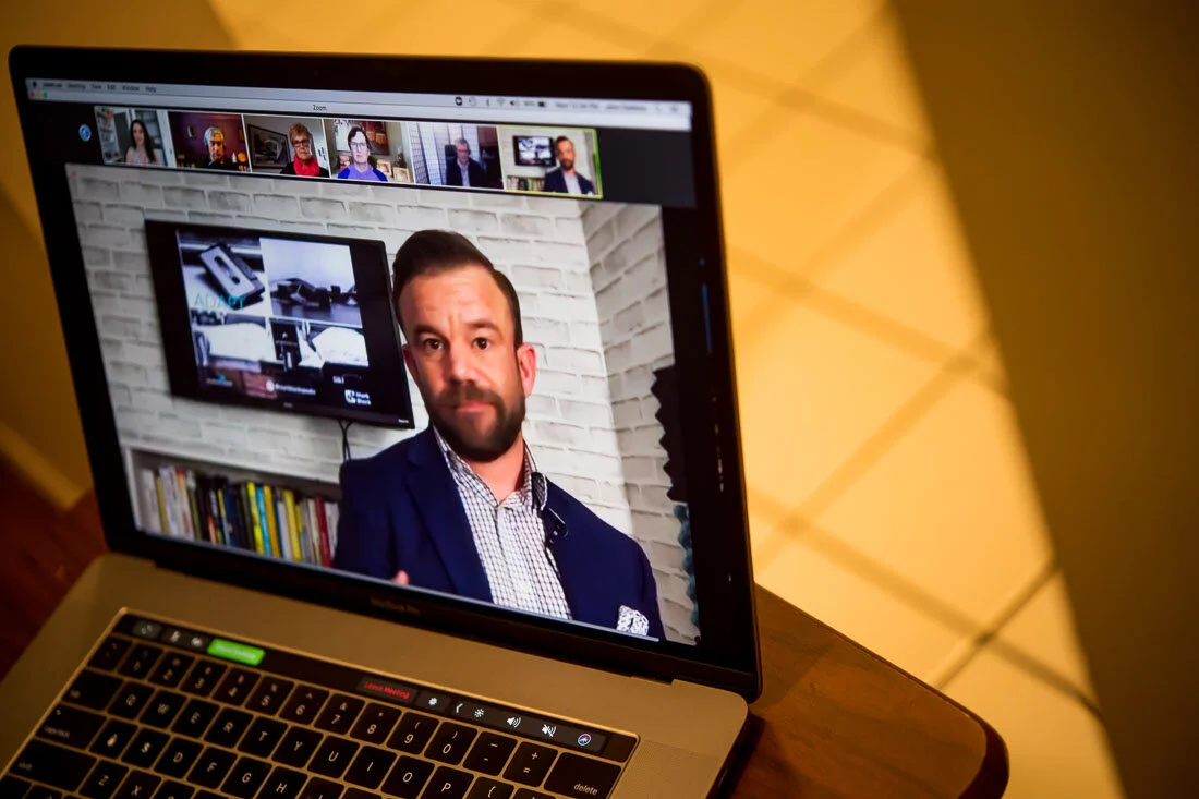 DeMato Virtual Photos Speaker Mark Black pausing during online presentation