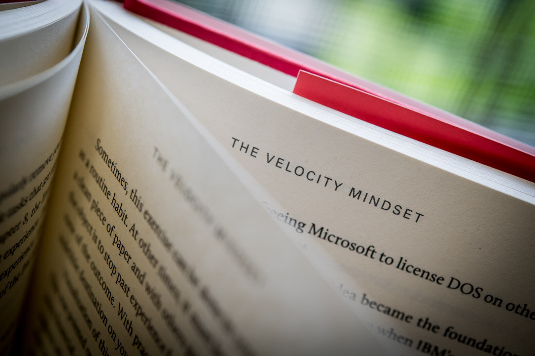 Book Author Ron Karr Velocity Mindset closeup shot of  title on pages