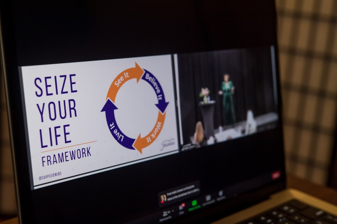 virtual event photo speaker author Jasmine Brett Stringer title slide on screen