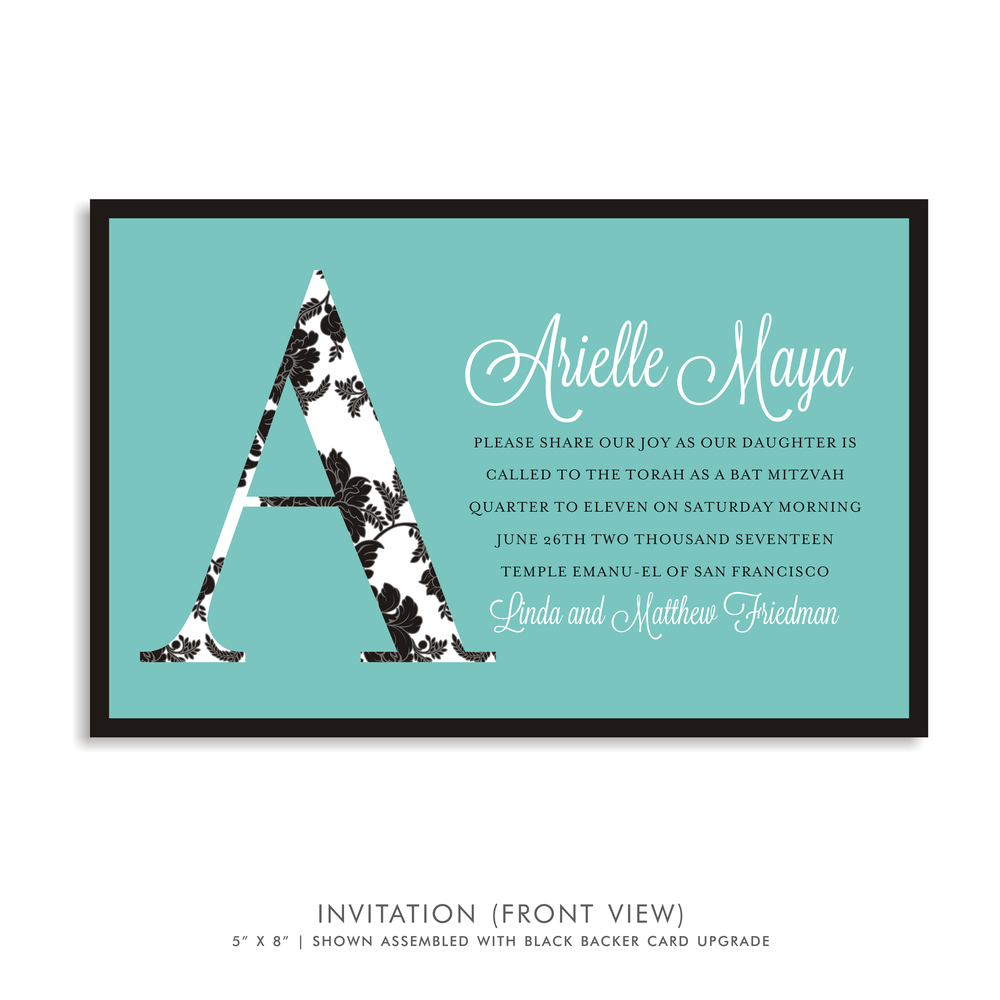 Arielle Maya (Suite 5143) Blue and Black Bat Mitzvah Invitations — Sarah  Schwartz Co. | Bar + Bat Mitzvah Invitations, Favors + Event Decor, image size:1000x1000