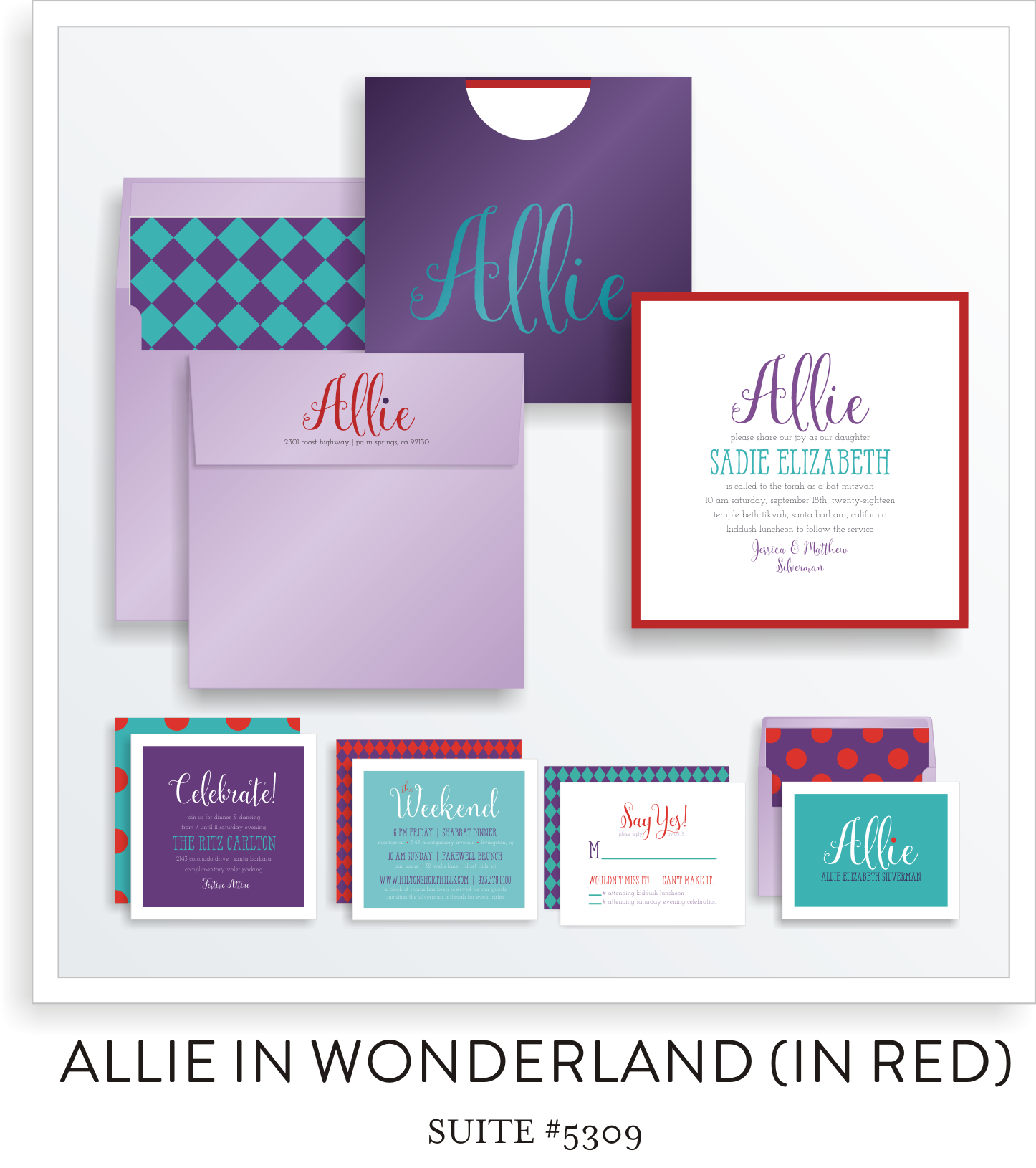 Bat Mitzvah Invitation Suite 5309 - Allie in Wonderland (in red)