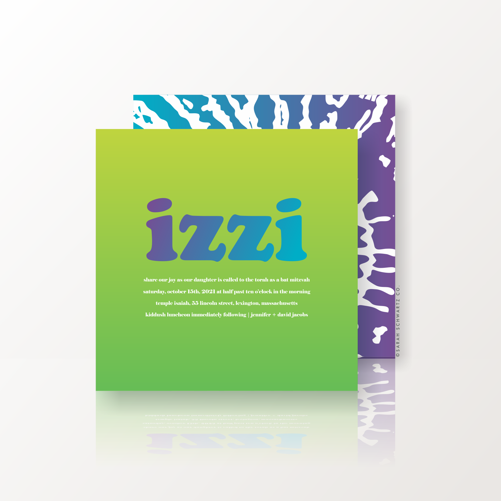 01 BAT MITZVAH SUITE 377 INVITATION IN BLUEPURPLE ON LIME.png