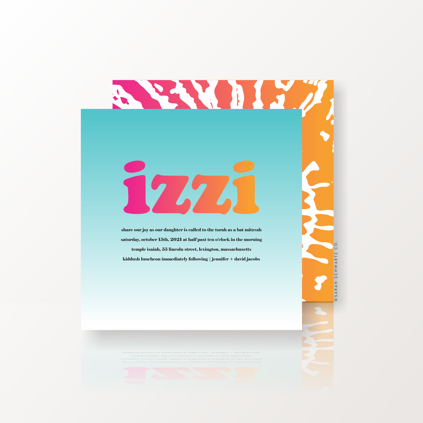 13 BAT MITZVAH SUITE 377 INVITATION IN PINKORANGE ON SKY.png