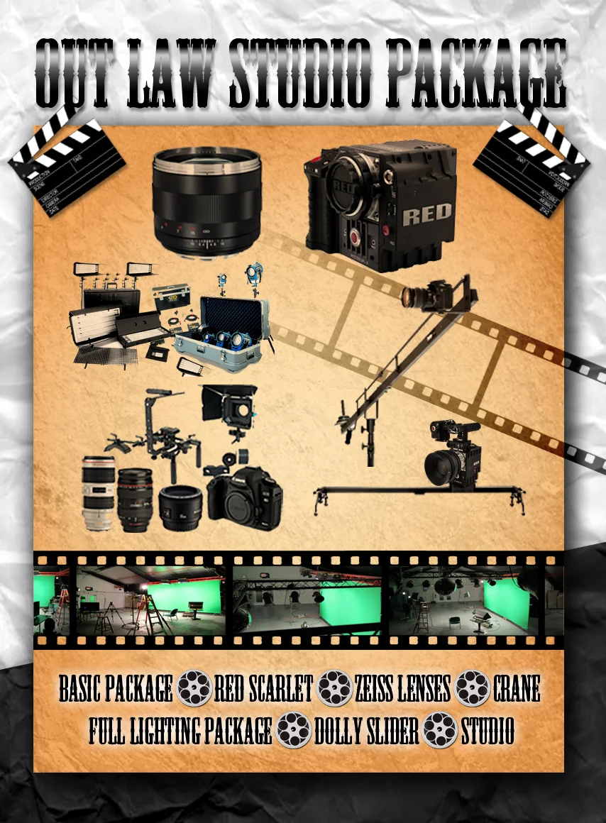 OUT LAW STUDIO PACKAGE - Basic package - RED Scarlet - Zeiss Lenses - Crane - Slider - Dolly - Full lighting package - Studio Normal Price Day: $1,610.00 Package Price Day: $1,350.00 Savings: $260.00 Normal Price Week: $5,110.00 Package Price Week: $4,530.00 Savings: $580.00 Normal Price Month:$16,240.00 Package Price Month:$13,120.00 Savings:$3,120.00 Enquire about audio, and behind the scenes camera discounts!