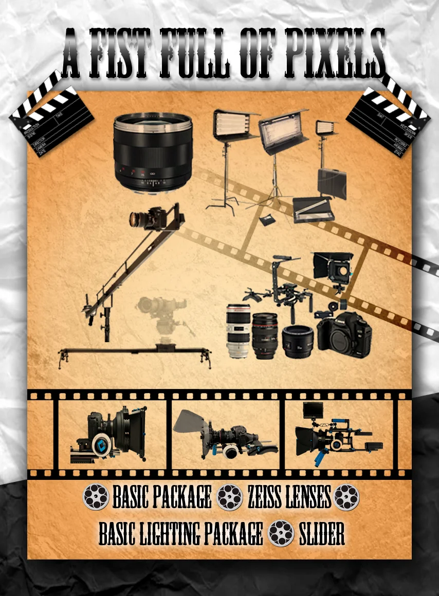 FIST FULL OF PIXELS
- Basic package
- Zeiss Lenses - Crane
- Slider
- Basic lighting package
Normal Price Day: $860
Package Price Day: $700
Savings: $160
Normal Price Week: $2,580.00 Package Price Week: $2,310.00 Savings: $270.00 Normal Price Month:$9,290.00 Package Price Month:$8,140.00 Savings:$1,150.00 Enquire about audio, and behind the scenes camera discounts!