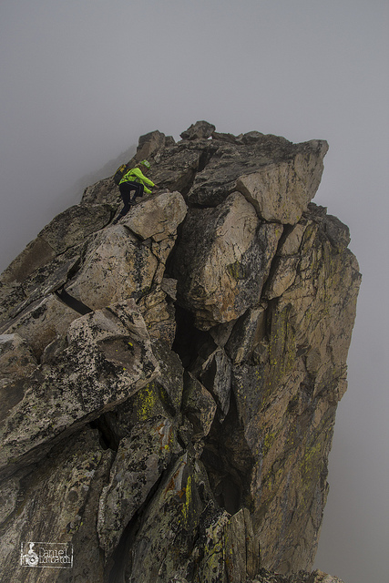 Climbing up the first interesting section of the ridge into the clouds. It quickly becomes impossible to know anything about the rest of the world. 