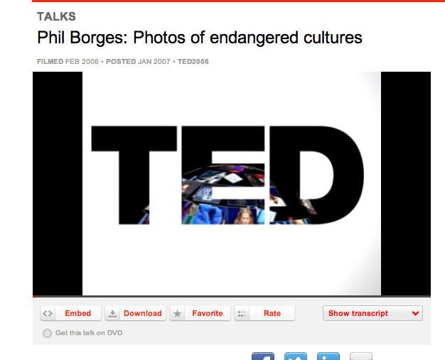 Click the image to watch a great TED talk on this subject. Phil Borges is a photographer that does very similar work to Nelson but takes a very different approach. What do you think? (or use this link: http://www.ted.com/talks/phil_borges_on_endangered_cultures.html )