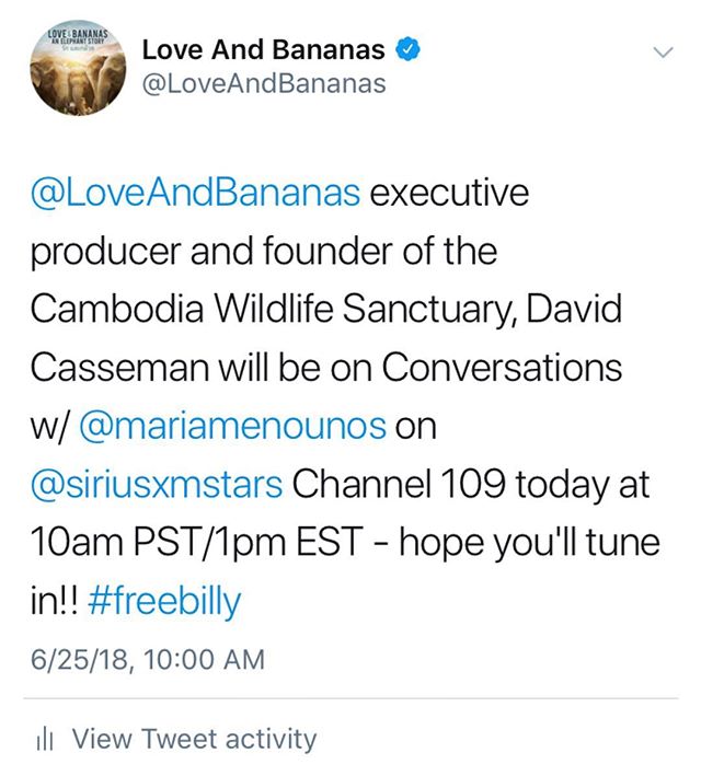 Today! Executive Producer of L&amp;B and Founder of the Cambodia Wildlife Sanctuary will be talking with @mariamenounos at 10am PST! You won&rsquo;t want to miss this! #TeamBanana #SaveElephants ❤️🍌🐘