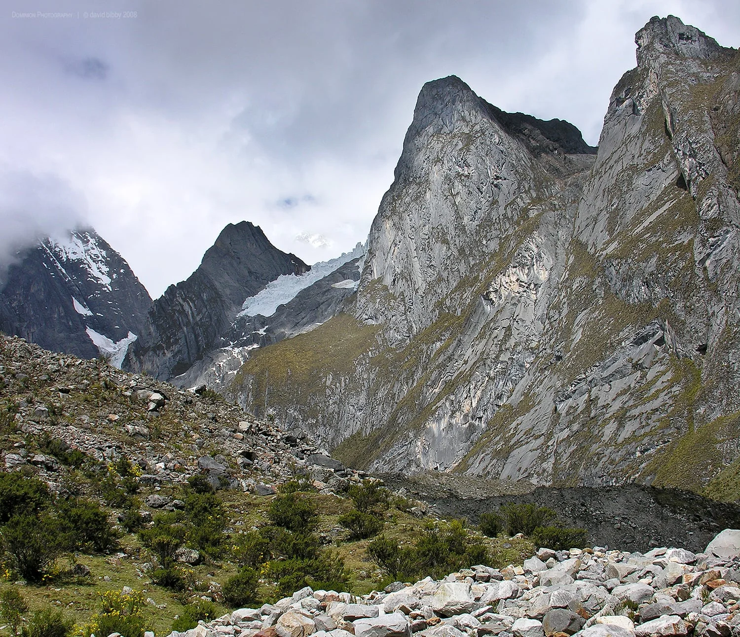 Moraine in Quebrada Gangrajanca valley. Cordillera Huayhuash, Peru.