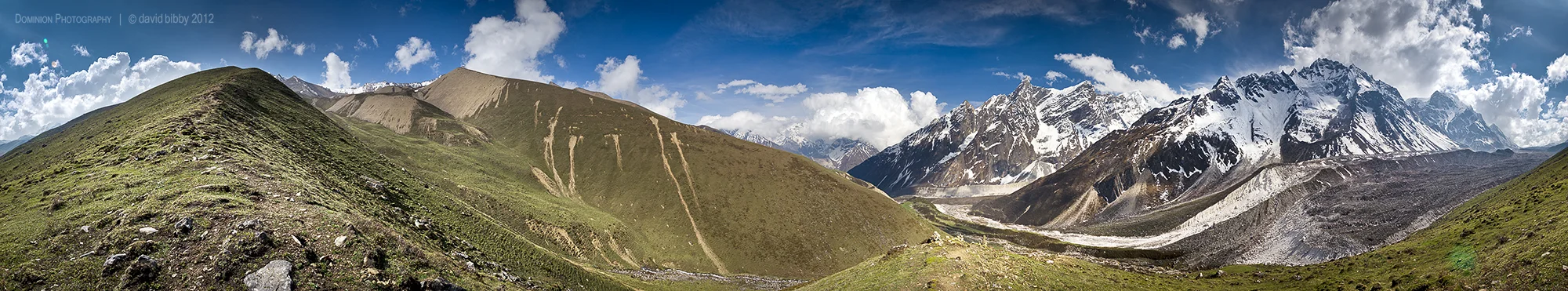 A 360 degree view below the Larkya La. Manaslu Conservation Area.