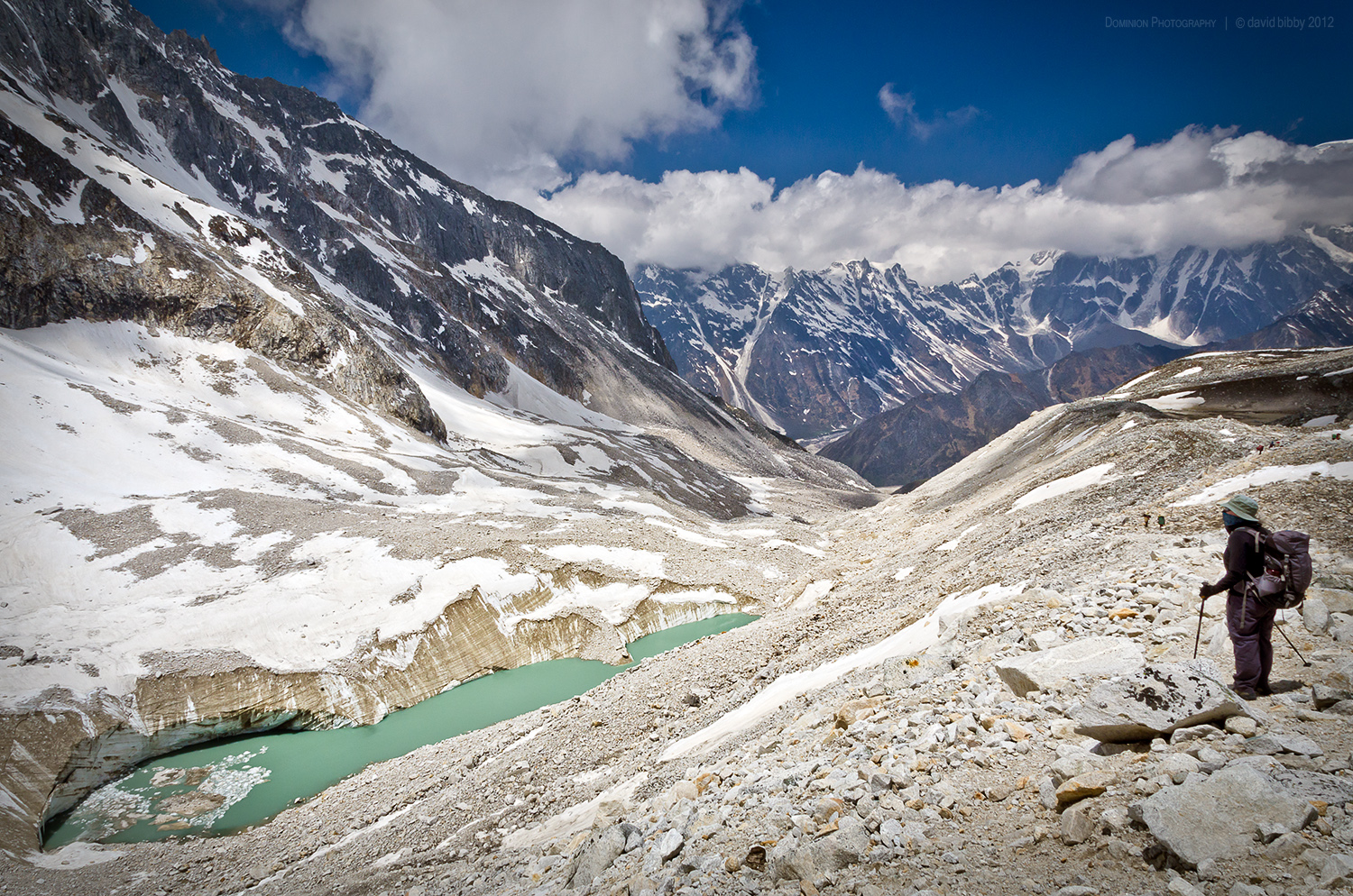 Descent from Larkya La to camp at Bimtang. Manaslu Conservation Area.