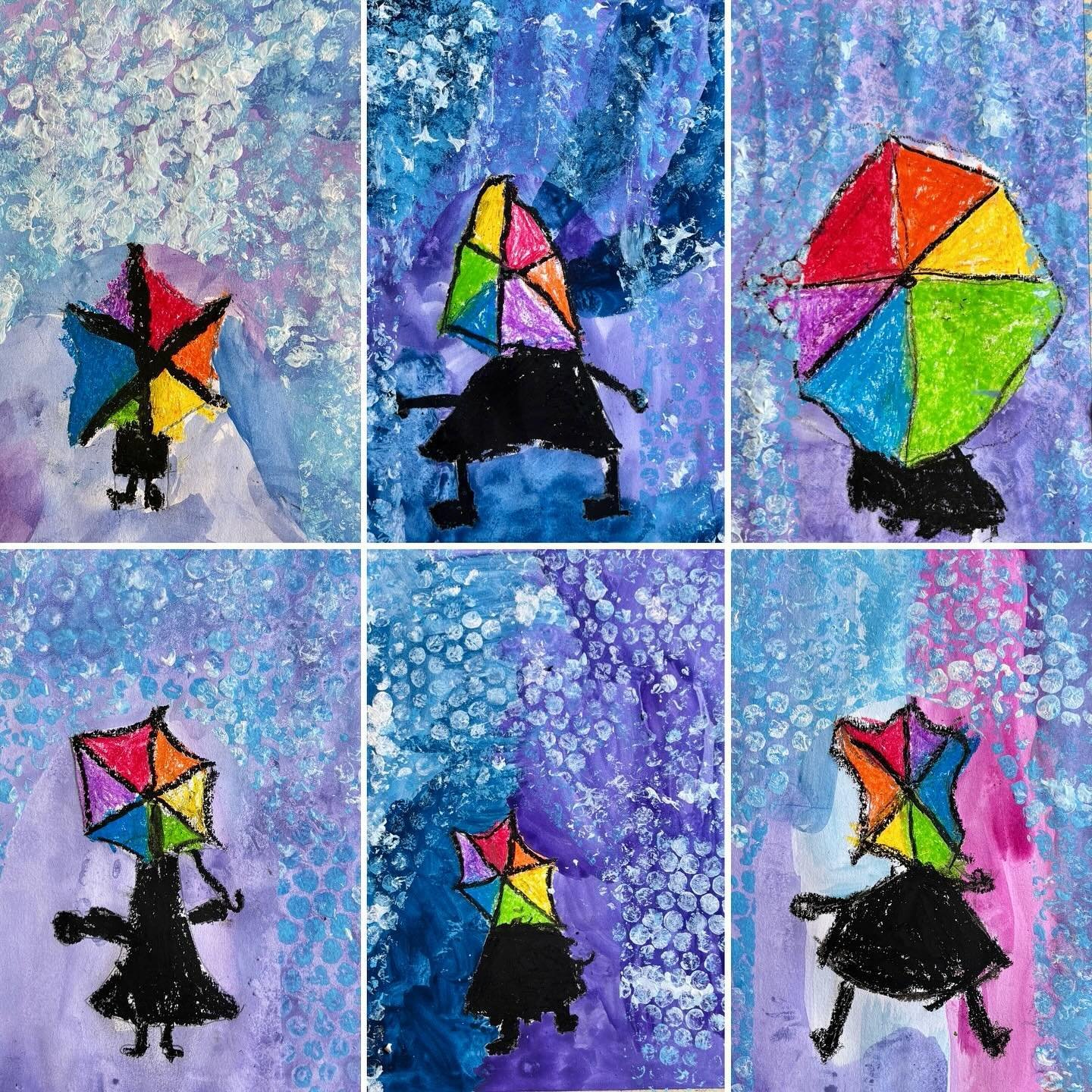 The weather was grey and wet this morning, so our #Startwithart #kindergartenart classes decided to embrace the rain. Our #kindergartenartists learned about the #colourwheel and then took the rain as inspiration for these oil pastel and watercolour u