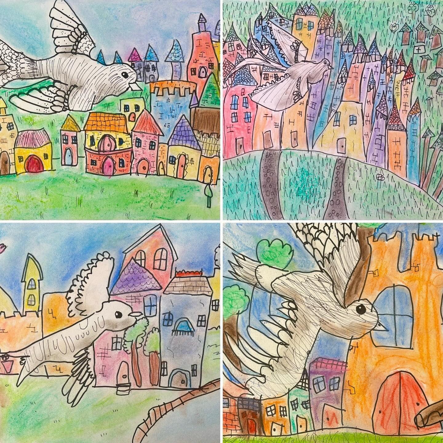 This term, our Saturday Grade 1-3 #Drawingclass has been learning how to use a pen to create different types of marks and textures. For this project, we used different sized sharpies to create a drawing of a sparrow flying over a medieval village. We