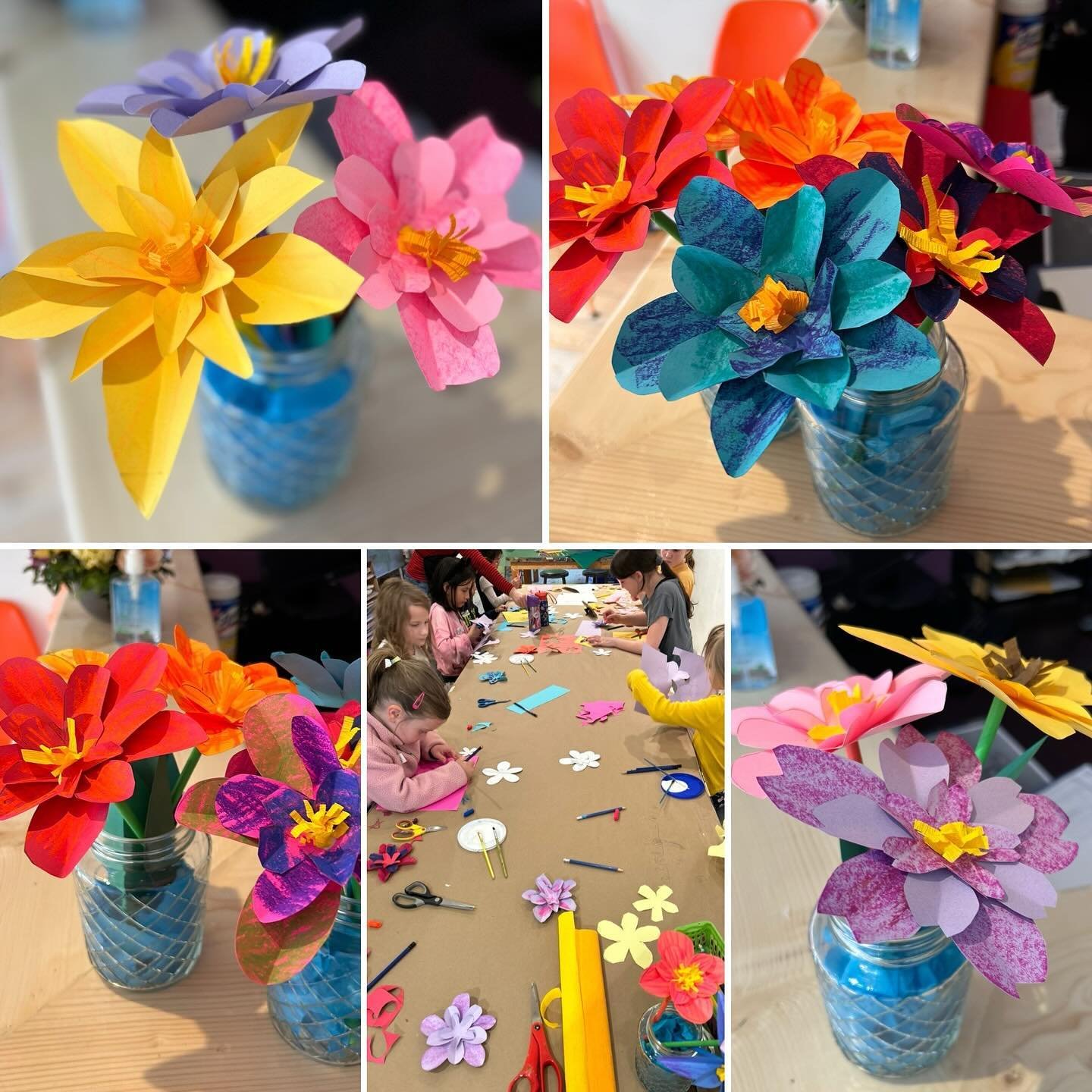 Tonight was our final #KidsNightOut of the school year. We used paper sculpture techniques to create beautiful vases of #paperflowers just in time for #MothersDay ! Our artists did a fantastic job on their flowers, and also had time to enjoy pizza, j