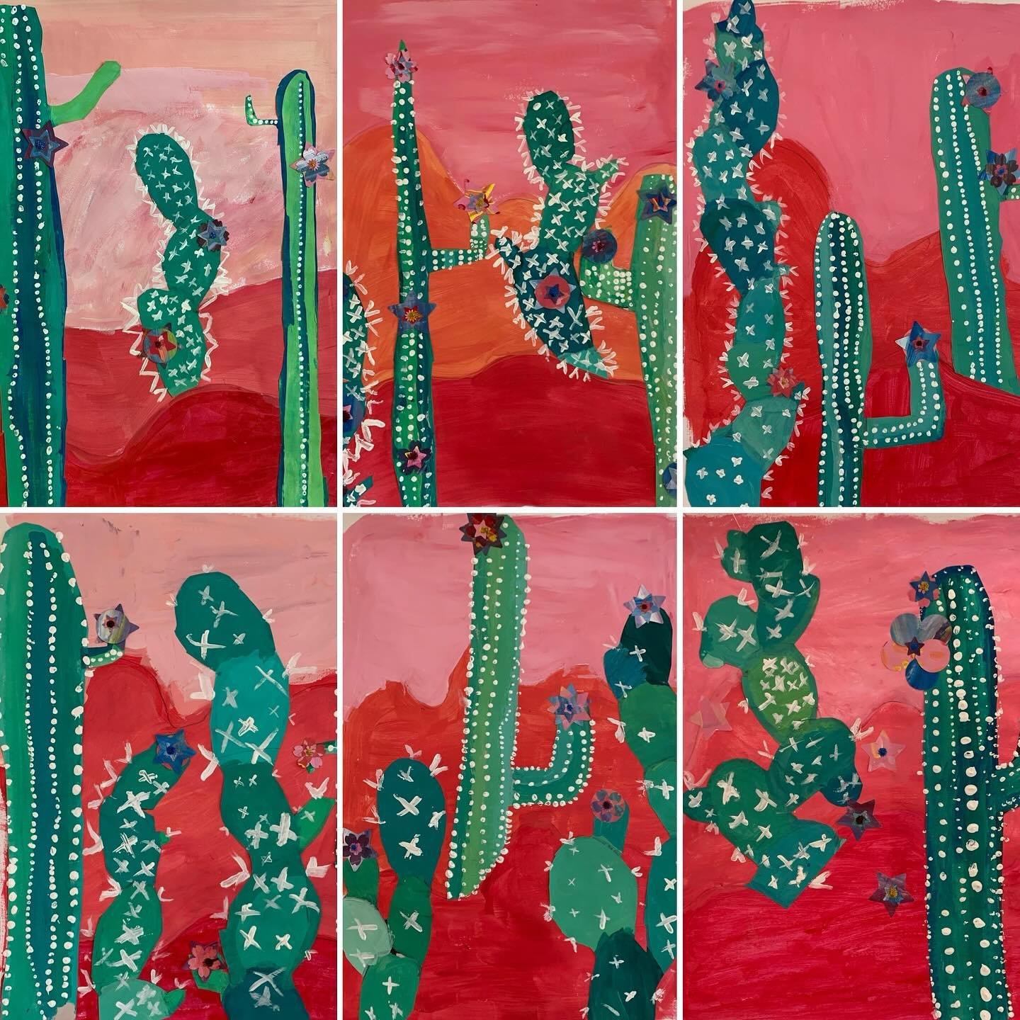 This term, our Tuesday Grade 1-3 #ArtExplorations class has been learning about the principle of #value in art, and how to mix colours using acrylic paint. These beautiful desert scenes were made using acrylic paint and collage. Great work, Victoria 