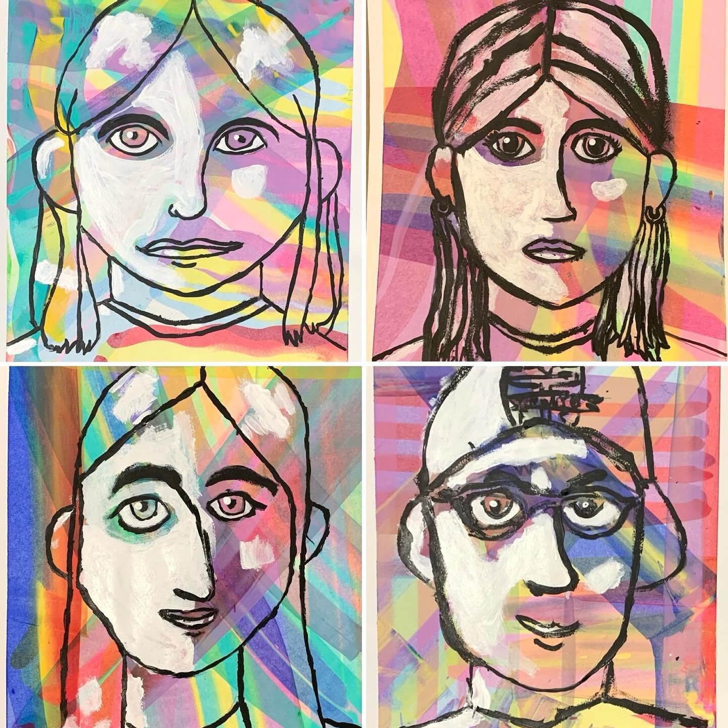 This term, several of our classes have had the opportunity to experiment with #squeegeepainting . Squeegee painting is a fun way to experiment with colour and create lovely abstract backgrounds. These single value #selfportraits on squeegee backgroun