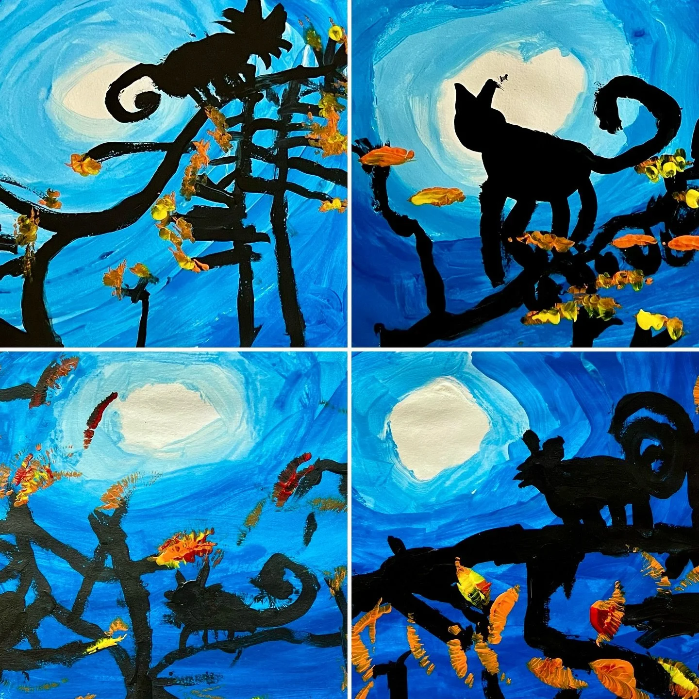 Happy Thanksgiving, Canada! We hope everyone enjoyed a wonderful long weekend with family and friends. These lovely acrylic paintings were made by our #StartWithArt #kindergartenart classes. For this project, our artists learned about #silhouettes an