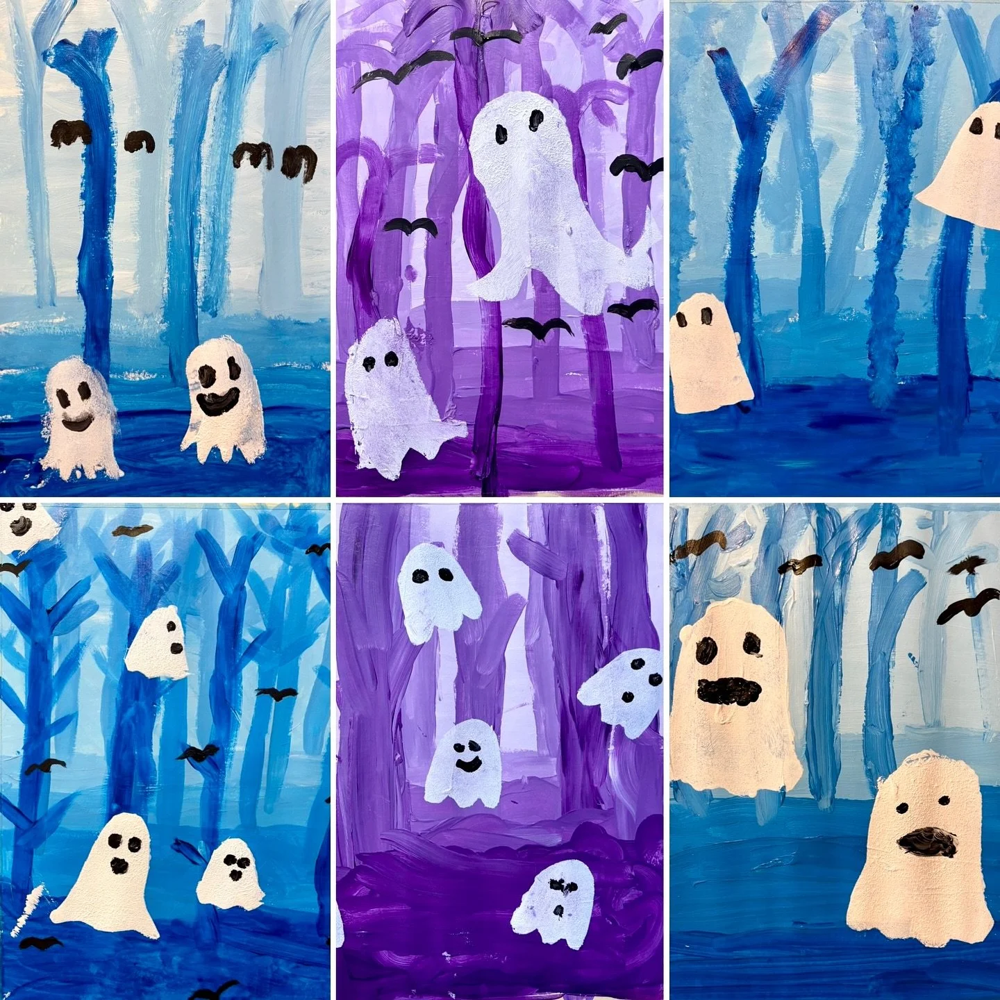 The city is starting to feel awfully spooky as of late&hellip; there are ghosts and skeletons popping up on every block! Today, our Wednesday #DrawingandPainting class took inspiration from #SpookySeason to create these atmospheric acrylic paintings 