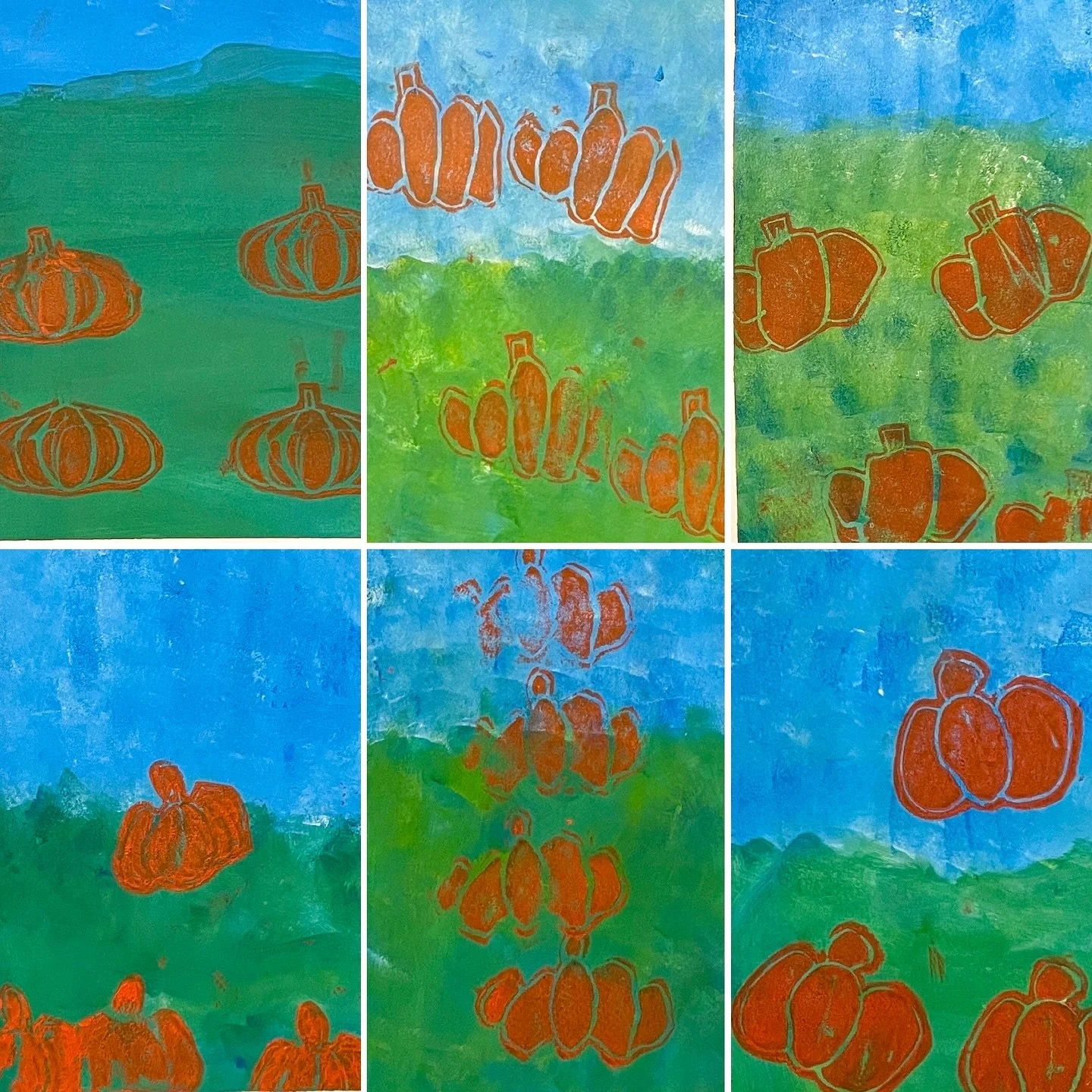 Have you visited a pumpkin patch yet this fall? Today, our Saturday #StartWithArt #kindergartenart classes put the finishing touches on their #pumpkinpatch paintings. For this project, our young artists used acrylic paint and #styrofoamprintmaking. W