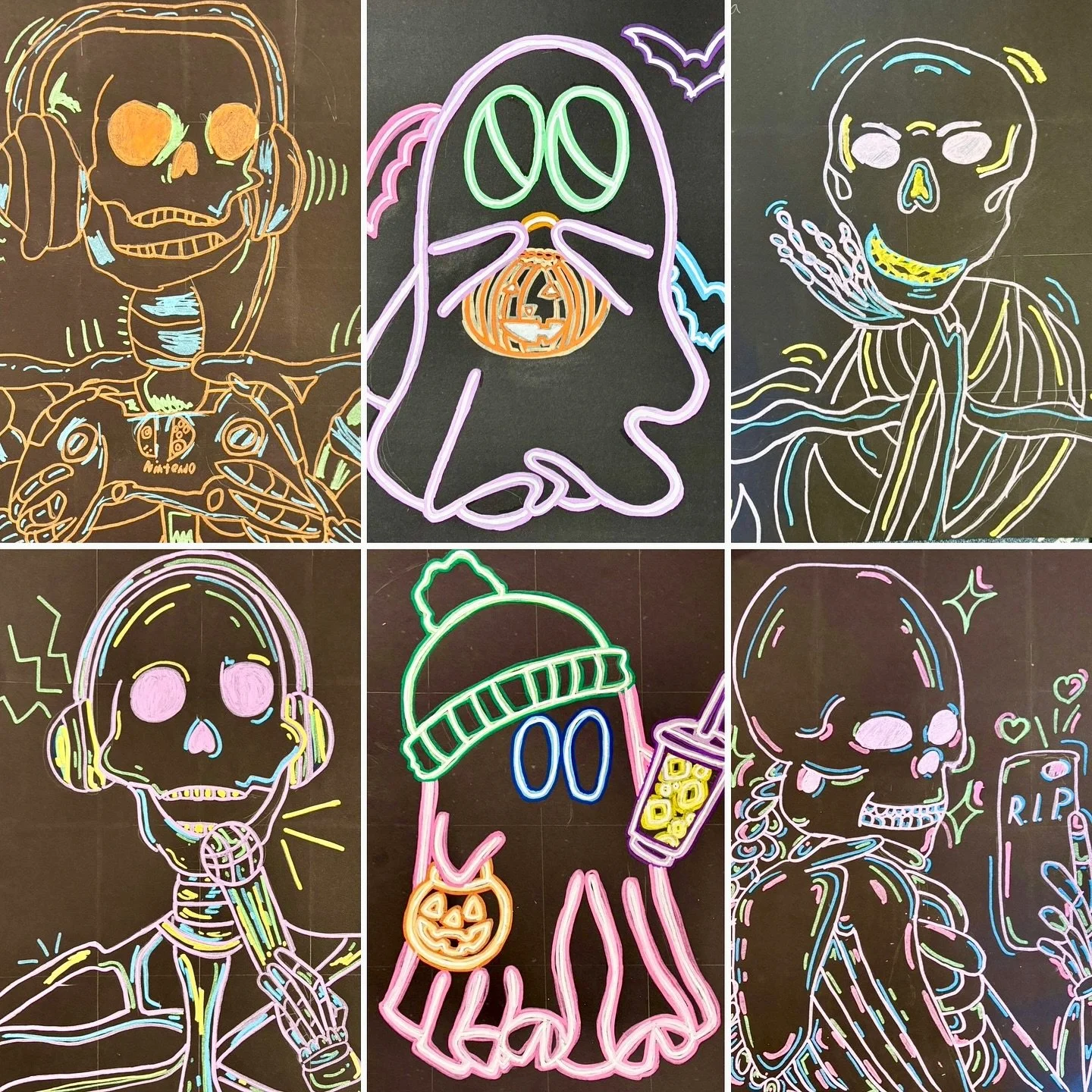 “Spooky, scary skeletons send shivers down your spine; Shrieking skulls will shock your soul and seal your doom tonight!” These neon skeletons and ghosts were made by our Tuesday Grade 4-6 and 6-8 classes. For this project, we learned how