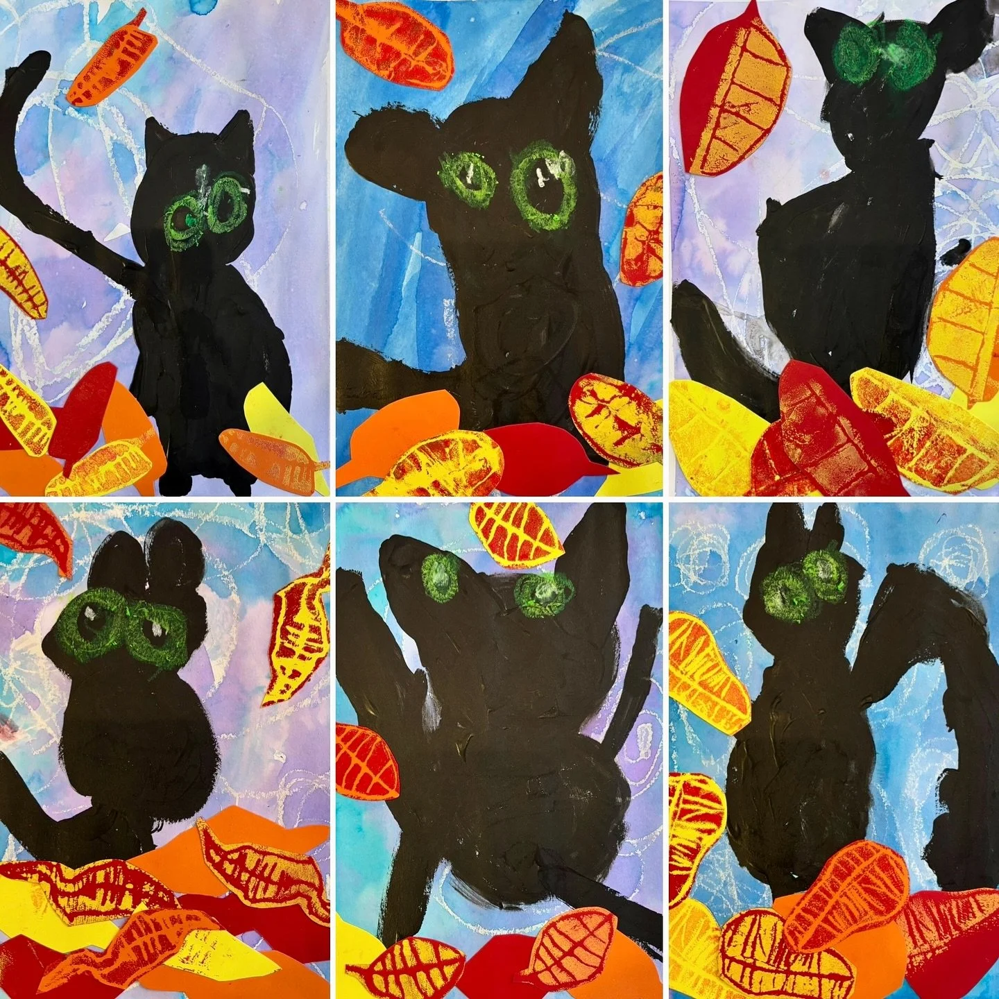 Our kindergarten artists really captured the spirit of the season with these adorable black cat paintings. For this project, we learned about #printmaking and used our own Styrofoam blocks to stamps leaves on construction paper. We then collaged our