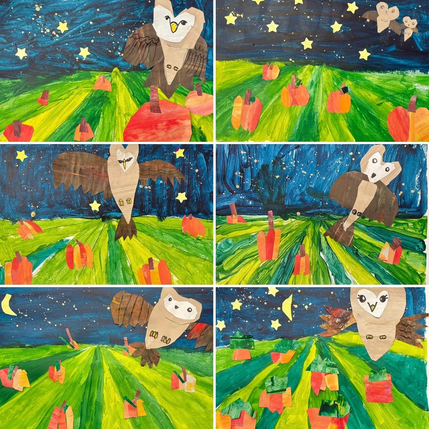 This weekend, our Saturday Grade 1-3 #ArtExplorations class learned about #perspective . We used acrylic paint and collage to create a pumpkin patch using one-point perspective. We then added a collage barn owl (or two) just for fun. These mixed medi