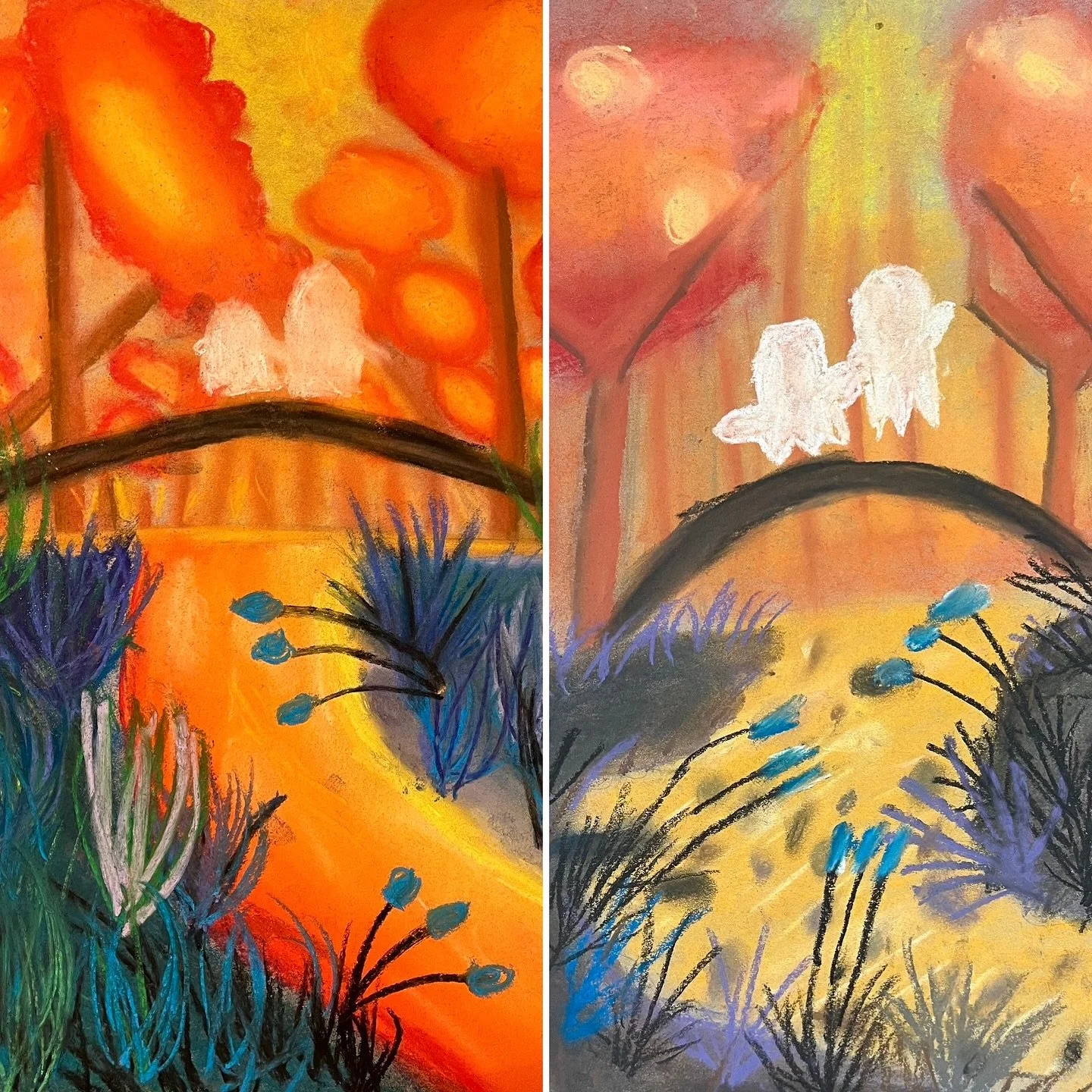 These beautifully atmospheric #chalkpastel drawings were made by Olivia Y (Gr5) and Jefferson C (Gr4) in our Saturday #DrawingFoundations class. For this project, we created a sunset haunted forest scene featuring a pair of whimsical ghosts. Our youn