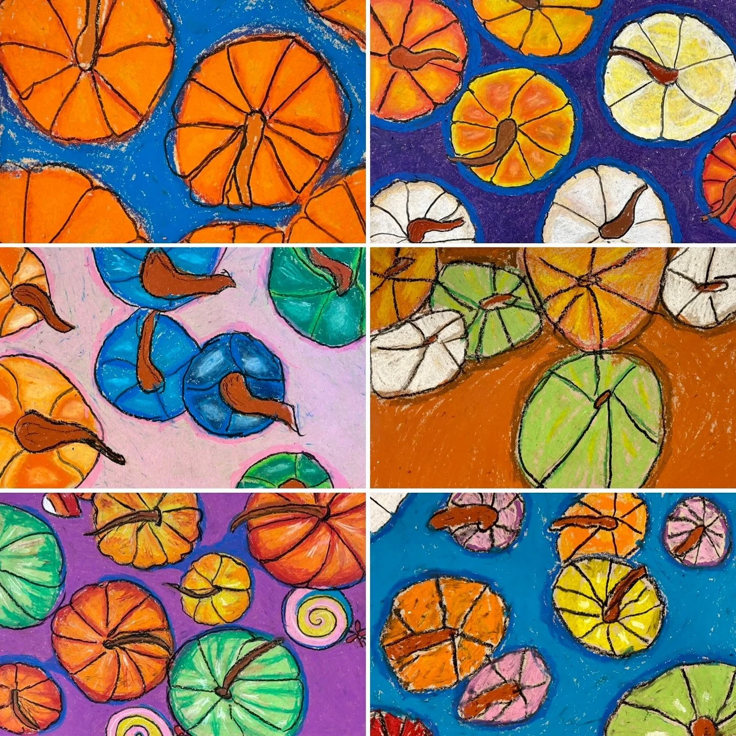 This term, several of our classes made drawings of pumpkins. These wonderfully colourful oil pastel drawings of pumpkins from above were a lesson in composition, perspective, and shading with colour. We were very impressed by everyone&rsquo;s unique 