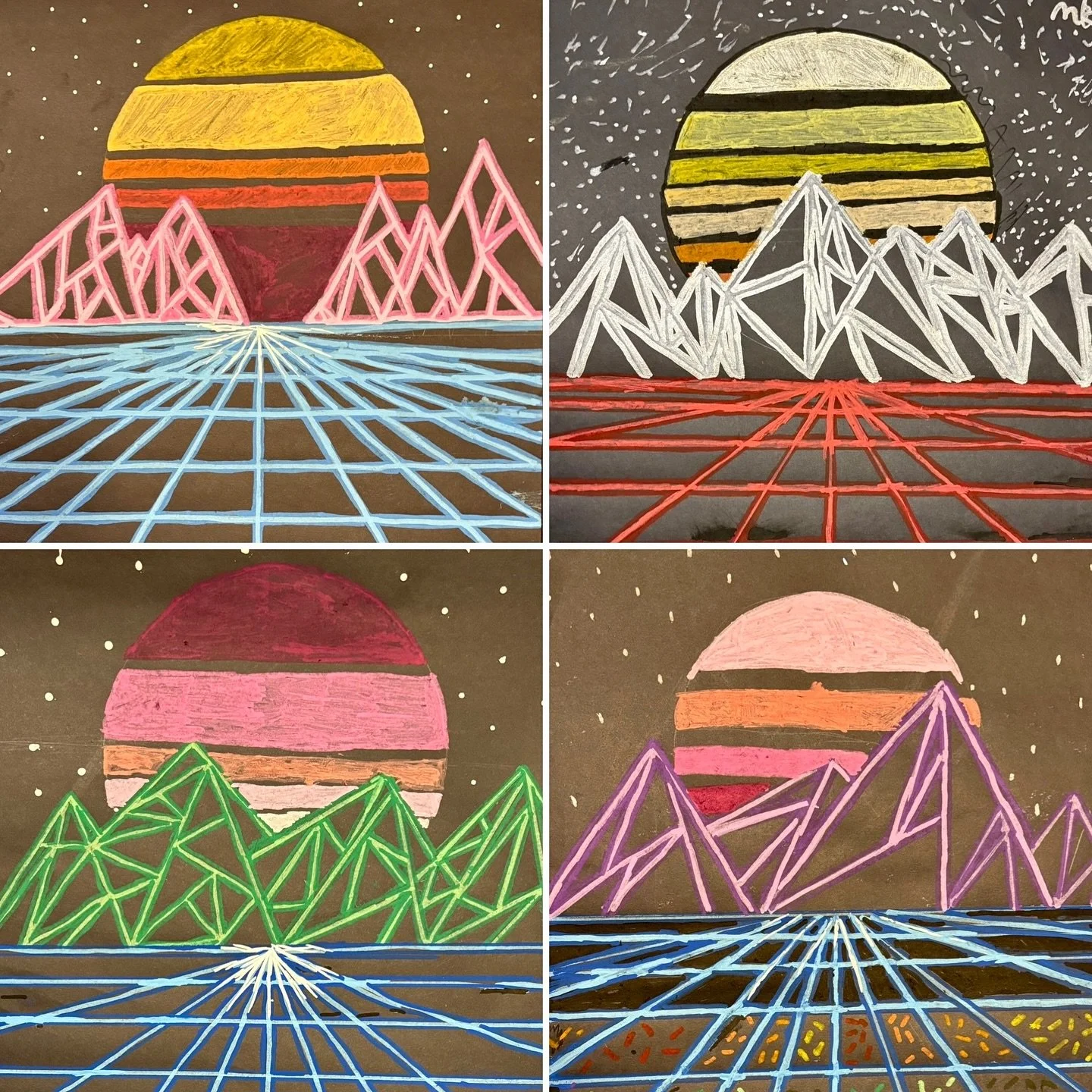 Have you watched any of the #Tron movies? Last week, our #DrawingFoundations class was inspired by the retro 1980s aesthetic of the Tron franchise. We used #Poscamarkers on black paper to create neon landscapes reminiscent of Tron using #onepointpers