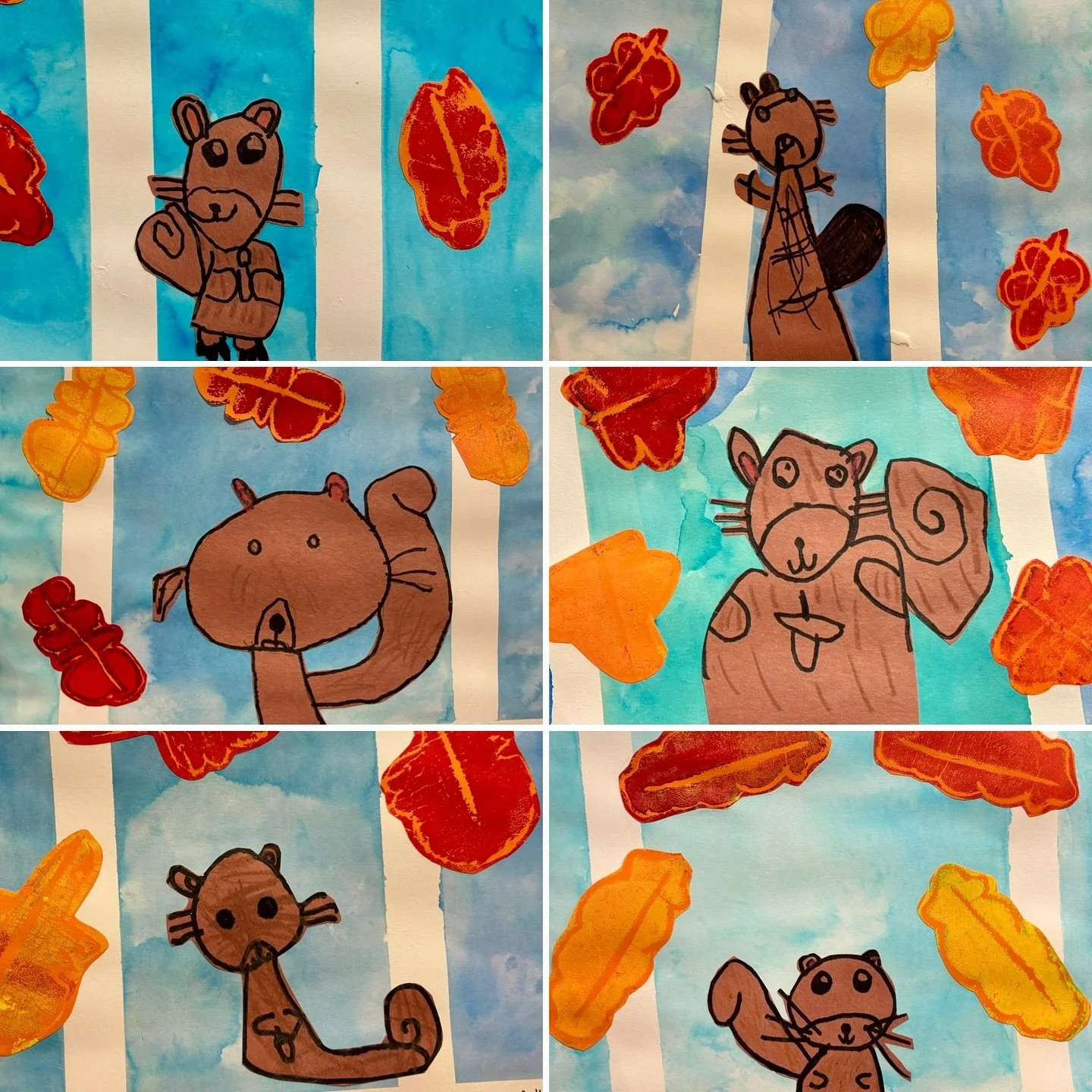 Snow may be falling, but its never too late to add an extra nut to the winter hoard! These #mixedmedia paintings of squirrels hoarding nuts for the winter were made by our Saturday #StartWithArt #kindergartenartists . For this project, we practiced d