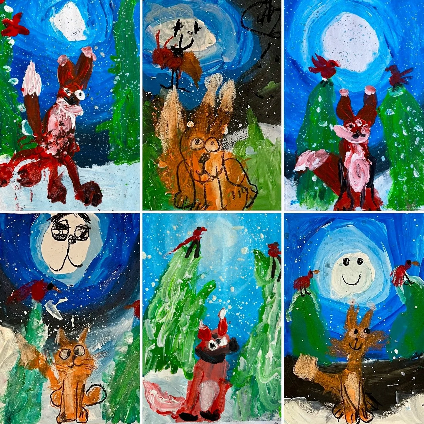 Can you believe that these gorgeous winter paintings were made by our #StartWithArt #kindergartenart classes? It&rsquo;s true! For this project, our artists learned how to mix different tints and tones using blue acrylic paint. We then created a circ