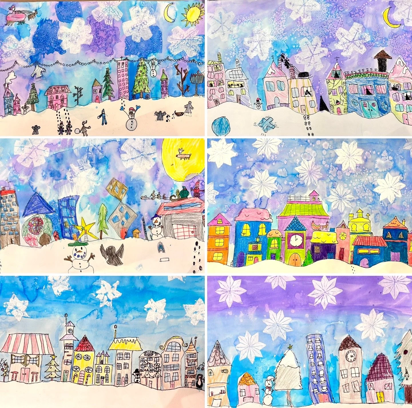 Last week, our #DrawingandPainting and #ArtExplorations classes got in the holiday spirit by designing winter street scenes. For this project, we used our imaginations to design a festive row of houses behind a snow drift. We coloured our houses with
