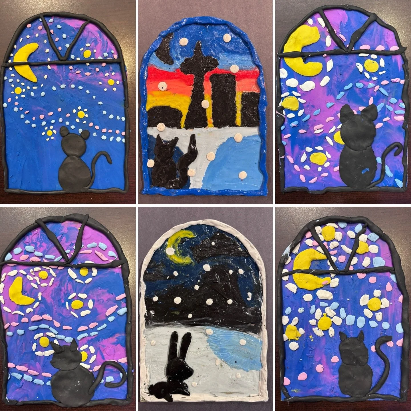 Winter Break art camps resume tomorrow and we can&rsquo;t wait to create with a fresh group of young artists! These beautiful #StarryNight inspired window silhouettes were made by last week&rsquo;s art campers using #plasticine modelling clay. Great 