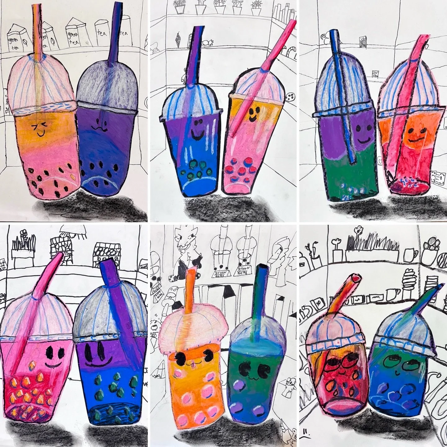 These adorable #bobabuddies were made by our Winter Break art campers. For this project, we learned how to use oil pastels to shade a 3D form. Great work, Mariner P (Gr2), Amelia W (Gr1), Amelia L (Gr1), Isabel K (Gr4), Eloise D (Gr5), and Parker K (