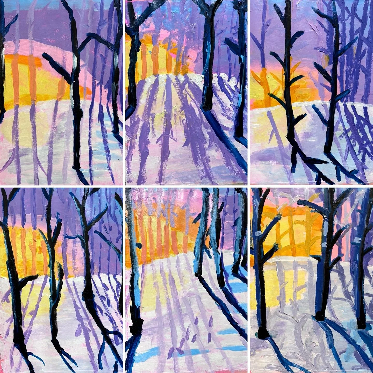 Here in Canada, winters have their own particular kind of lighting. In the winter, days are short, the sun stays low in the sky, and shadows are long. Today, our Grade 1-3 art classes focused on light and colour to create these winter day forest pain