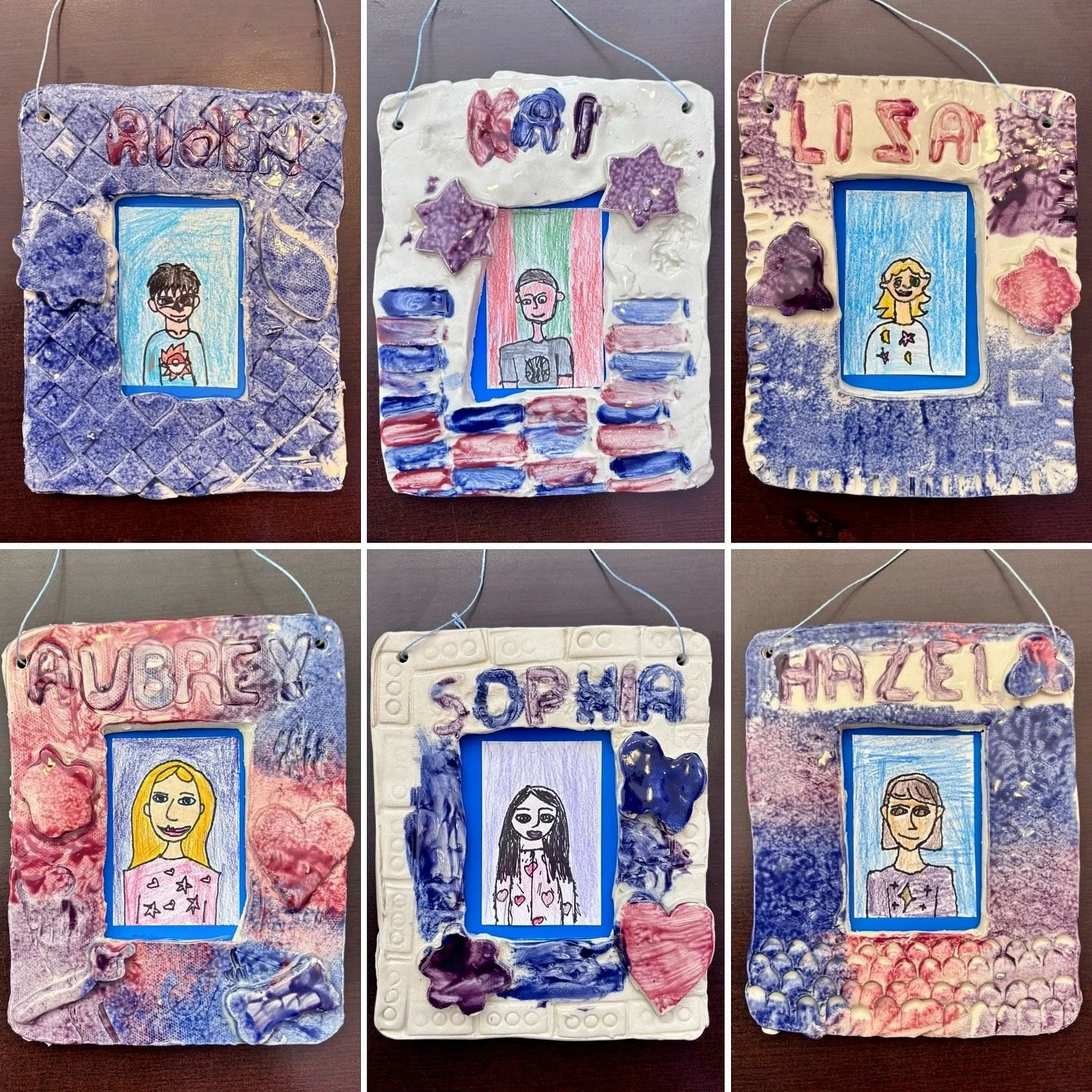 These wonderful keepsake frames were made by our Saturday Grade 1-3 #ArtExplorations class. For this project, our young artists learned how to use kiln-fired clay. We used a template to cut out a frame shape from a slab of clay and then added texture