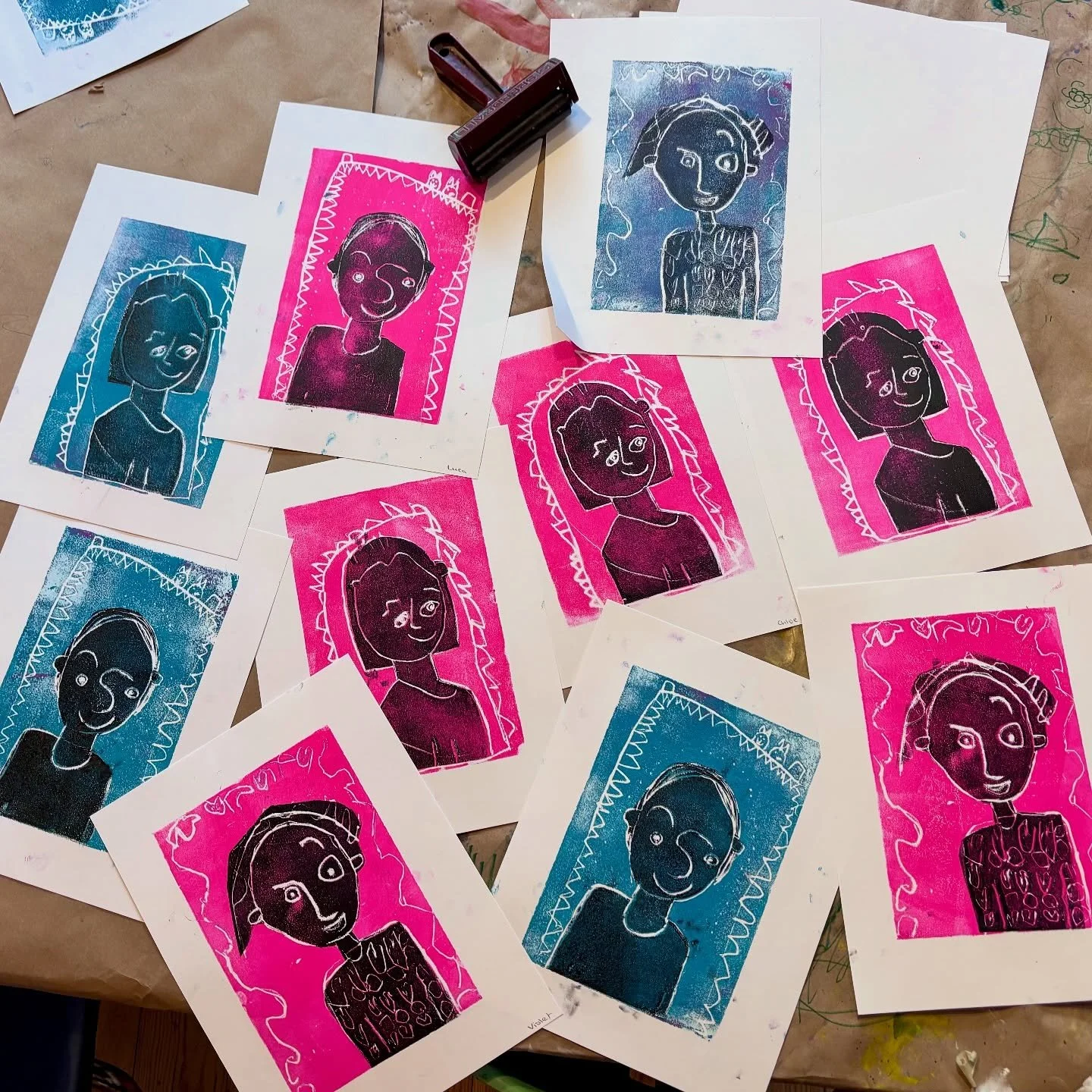 These colourful #reductionprint self portraits were made by our Monday #StartWithArt #kindergartenartists . For this project, we had fun learning all about printmaking. We used styrofoam to make our own printing blocks, and then inked and stamped our
