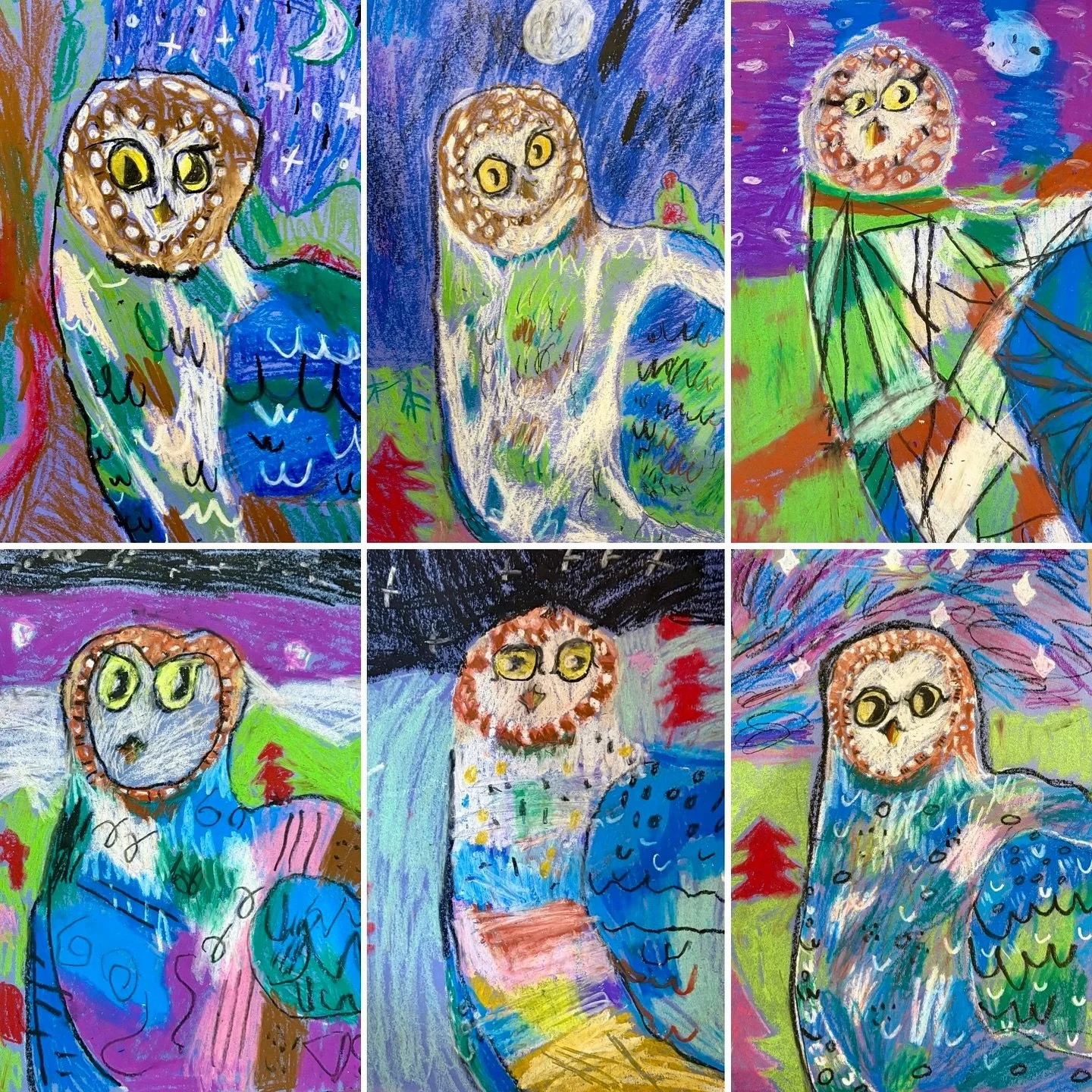 These beautiful oil pastel owls were made by our Sunday grade 1-3 classes. For this project, our artists learned how to use lines, shapes, and colours to create bold, graphic designs. Awesome job, Evelyn T (Gr2), Henry M (Gr3), Shira L (Gr2), Vivian 