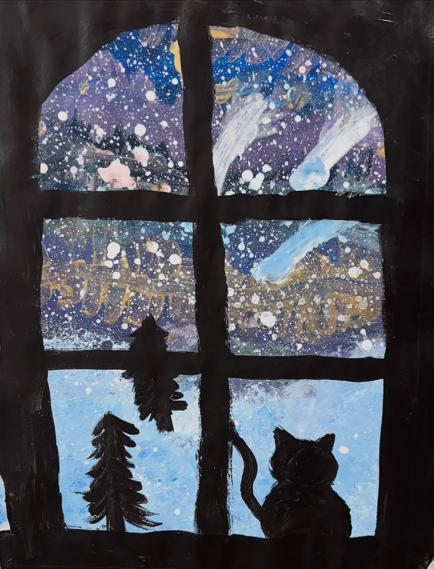 This term, our Saturday Grade 4-8 Painting class has been learning all about different painting mediums and techniques. For this project, our artists used acrylic paint to create dramatic night skies using layering and splatter. Once our backgrounds 