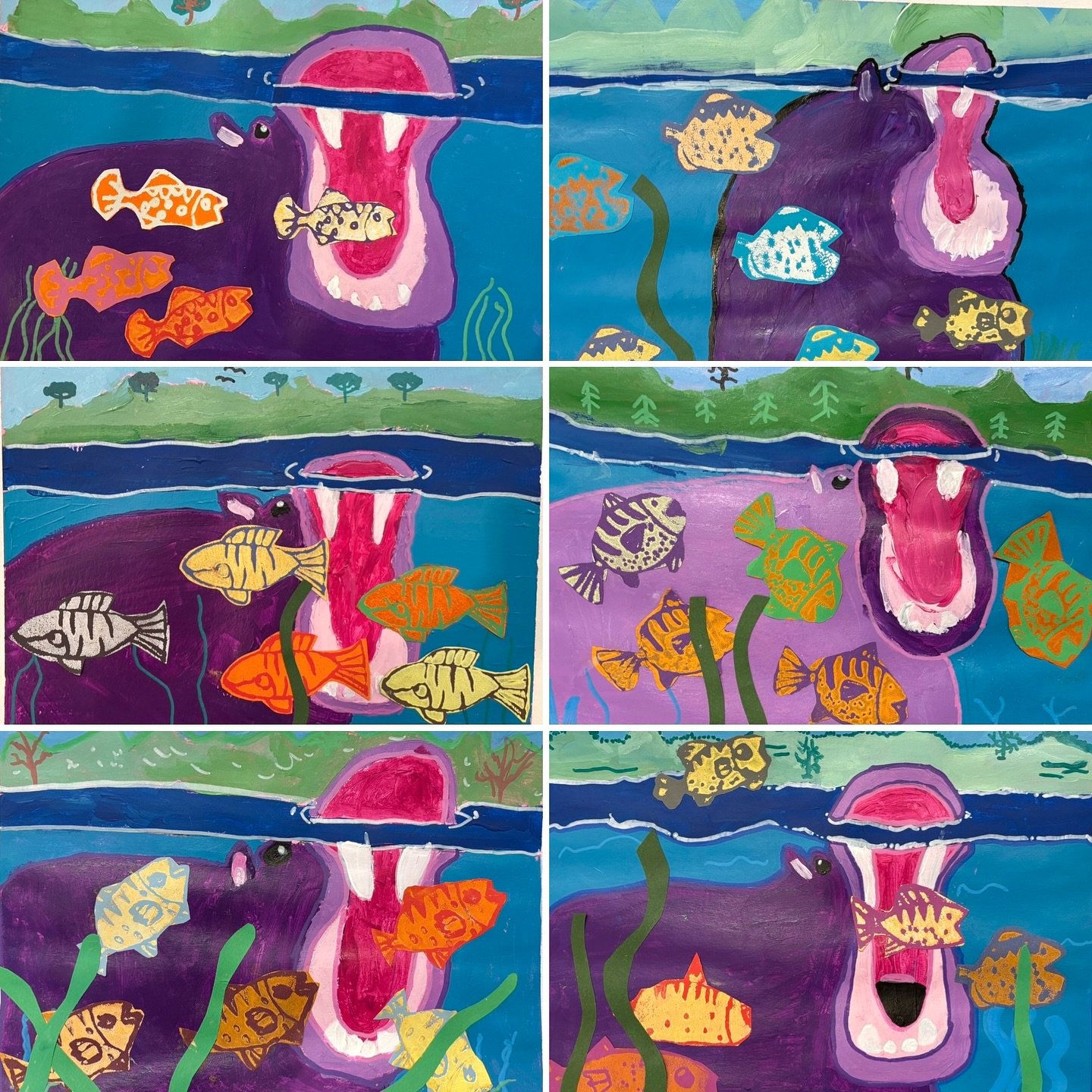 #Didyouknow that hippos can open their mouths almost 180 degrees to create an opening 3-4 feet wide &ndash; the largest mouth opening of any land animal? Today our Artventure art campers travelled to Africa to see the hippos. We used acrylic paint, p
