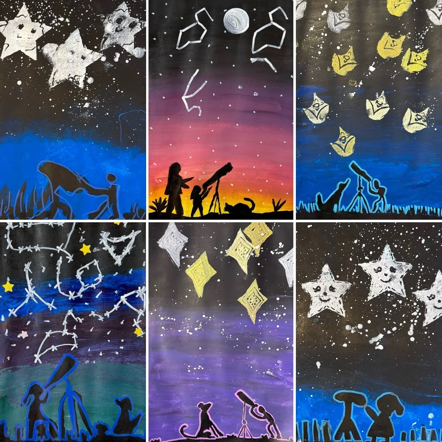 Today was the last day of March Break art camps  and our campers dreamed of their next great adventure. We used acrylic paint, paint markers, and printmaking to create these #stargazing paintings. Out-of-this-world work, Noah W (SK), Julianna Y (Gr5)