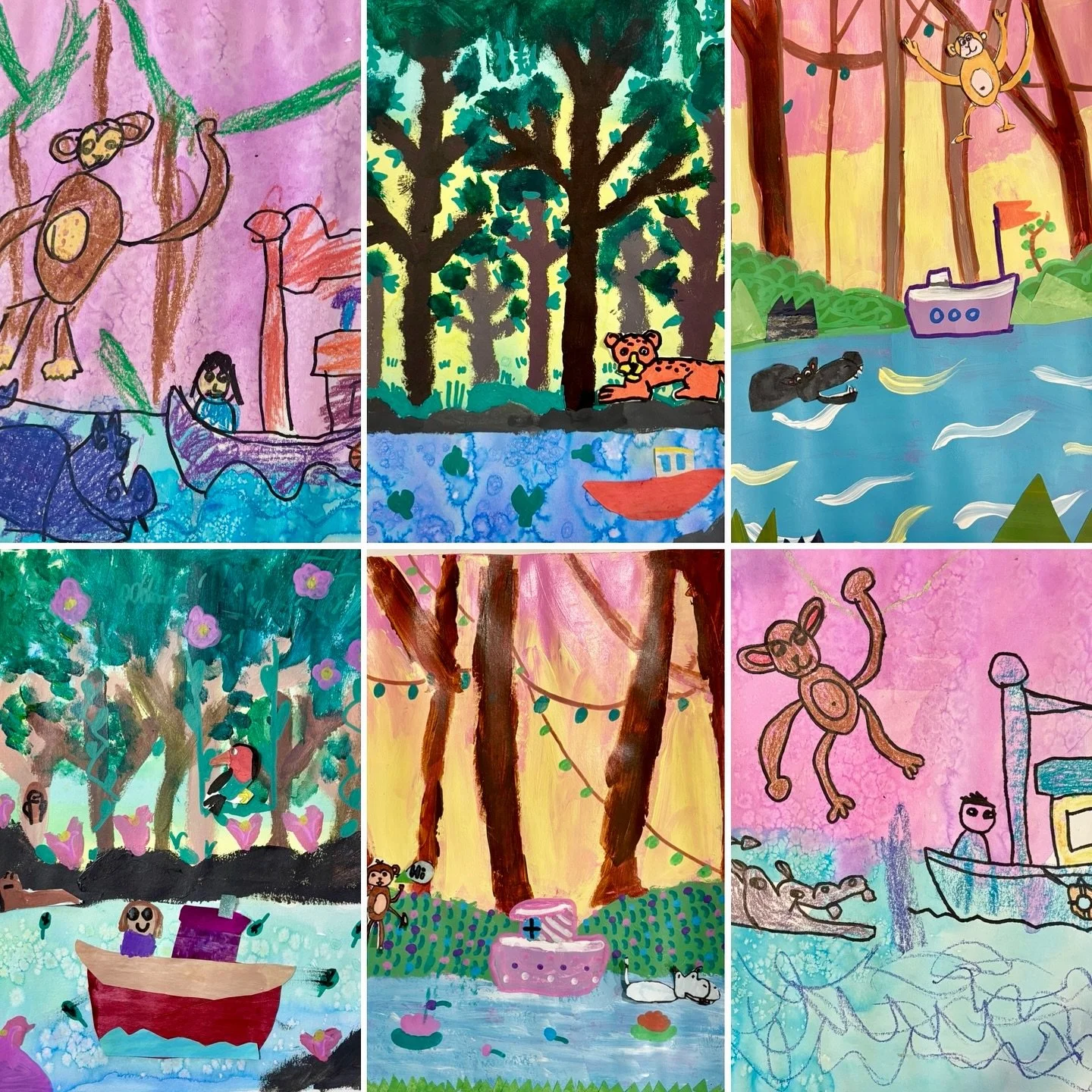 We had so much fun on our &ldquo;Artventure&rdquo; travels this March Break. These rainforest river cruise paintings were made by our Friday campers using watercolour &amp; acrylic paints with collage. Great work, Constance L (SK), Joshua C (Gr6), Em