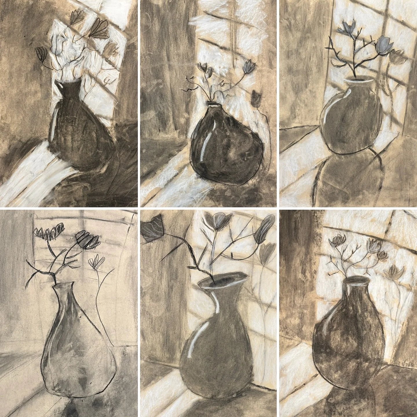 It truly is amazing what kids are capable of with a little guidance and patience! These charcoal vase still life drawings were made by our Saturday #DrawingandPainting class on the last day of Winter term. Our artists prepared for this project all te