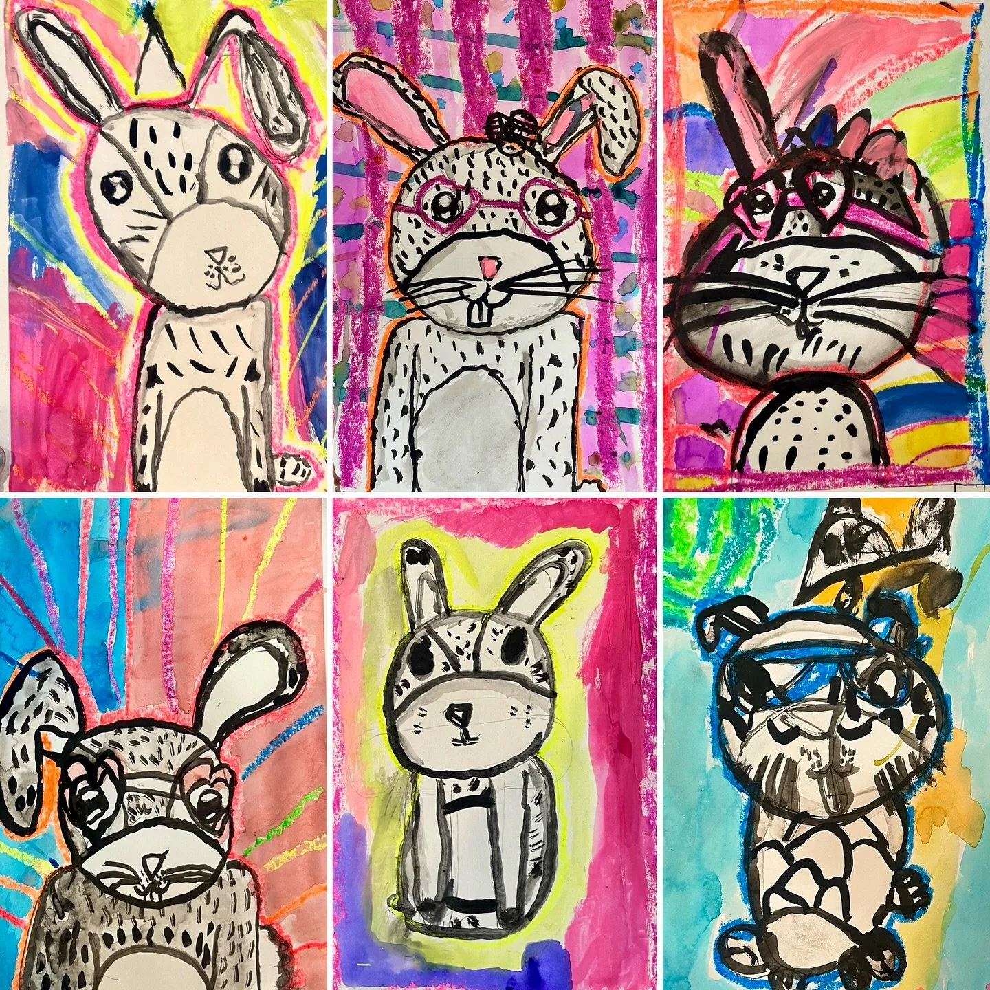 This week, our Monday #DrawingandPainting class kicked off the spring term with a lesson on line, texture, and pattern. Our young artists created their own #bunnyportraits using greyscale and texture, and then contrasted this with a vibrant patterned