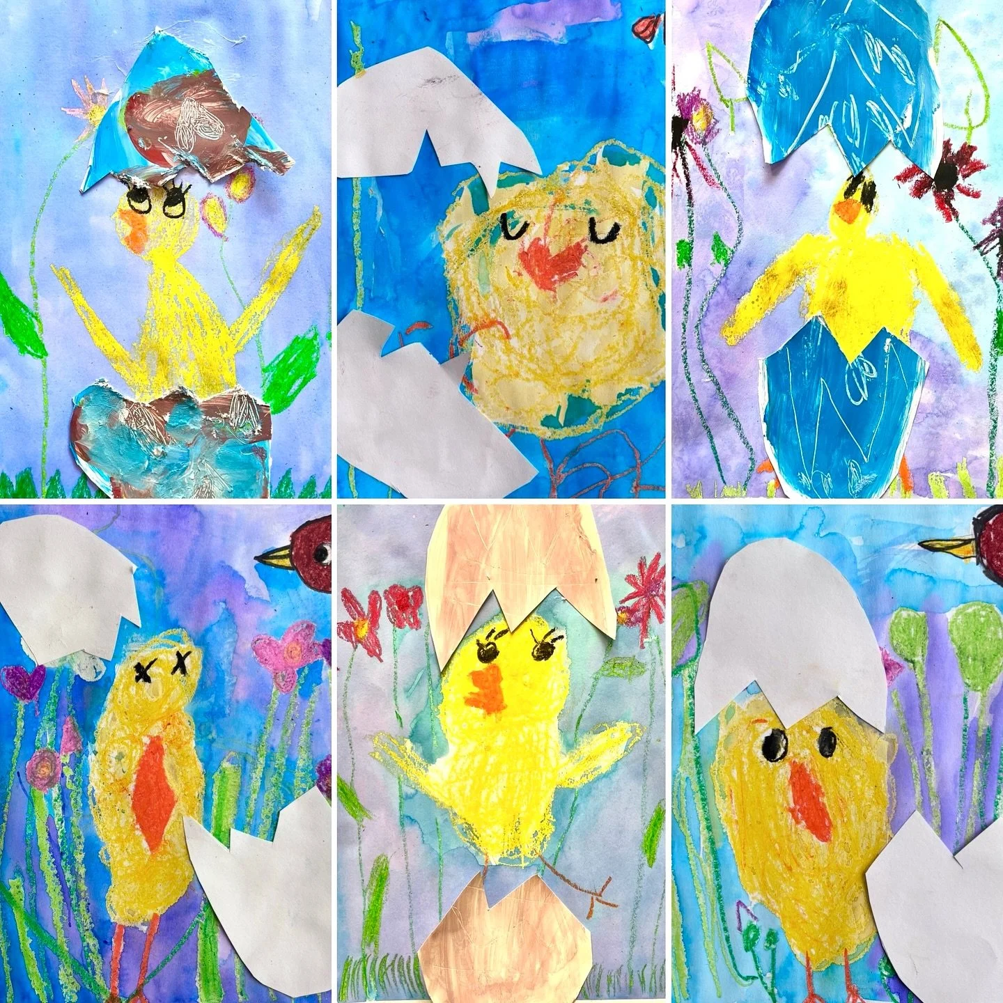 Here&rsquo;s wishing a happy start to spring to all the #springchickens out there! These oil pastel, watercolour, and collage paintings of baby chicks were made by our #startwithart  #kindergartenartists . This project was a great way to test out our