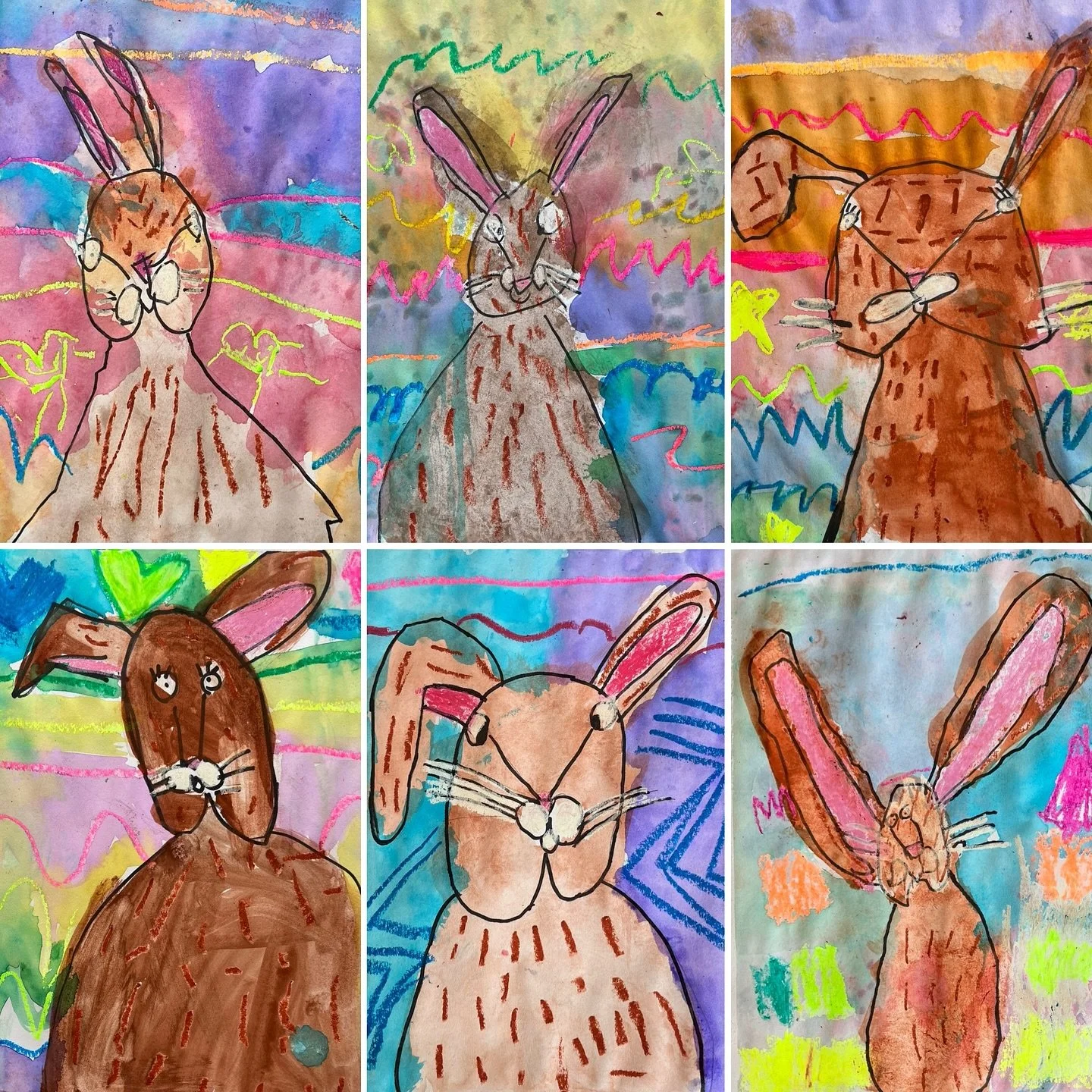 We absolutely LOVE these oil pastel and tempera bunny portraits by our Sunday #StartWithArt #kindergartenart classes! For this project, our young artists learned about pattern and texture. After drawing a bunny, we used oil pastels to create our own 