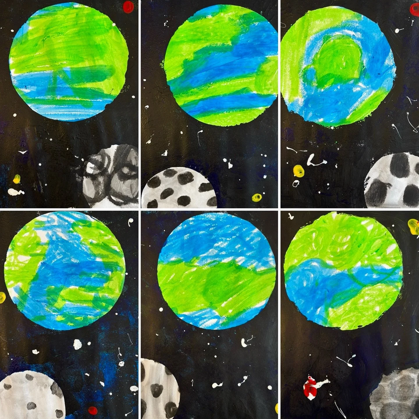 On Monday our #StartWithArt #kindergartenartclass celebrated #EarthWeek by creating beautiful paintings of our planet in space. For this project, we used paint sticks, acrylic paint, and a masking technique. For a final touch, we added a dot of paint